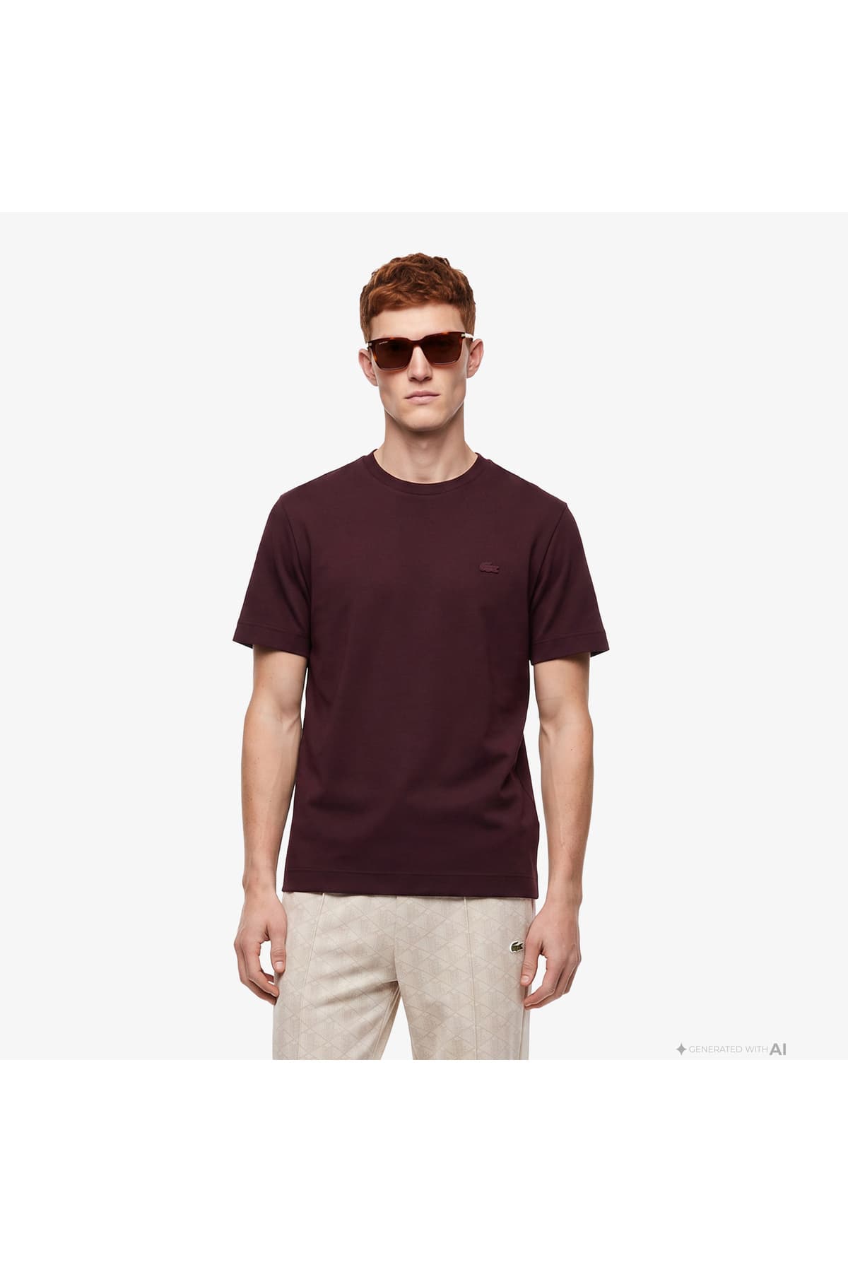 تیشرت مردانه Lacoste فیت اورسایز یقه گرد زرشکی تیشرت مردانه Lacoste فیت اورسایز یقه گرد زرشکی