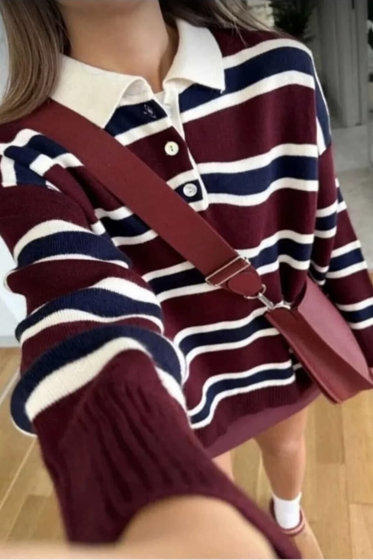 پلیور زنانه Gülce moda یقه پولو دکمهدار راهراه اورسایز پلیور زنانه Gülce moda یقه پولو دکمهدار راهراه اورسایز