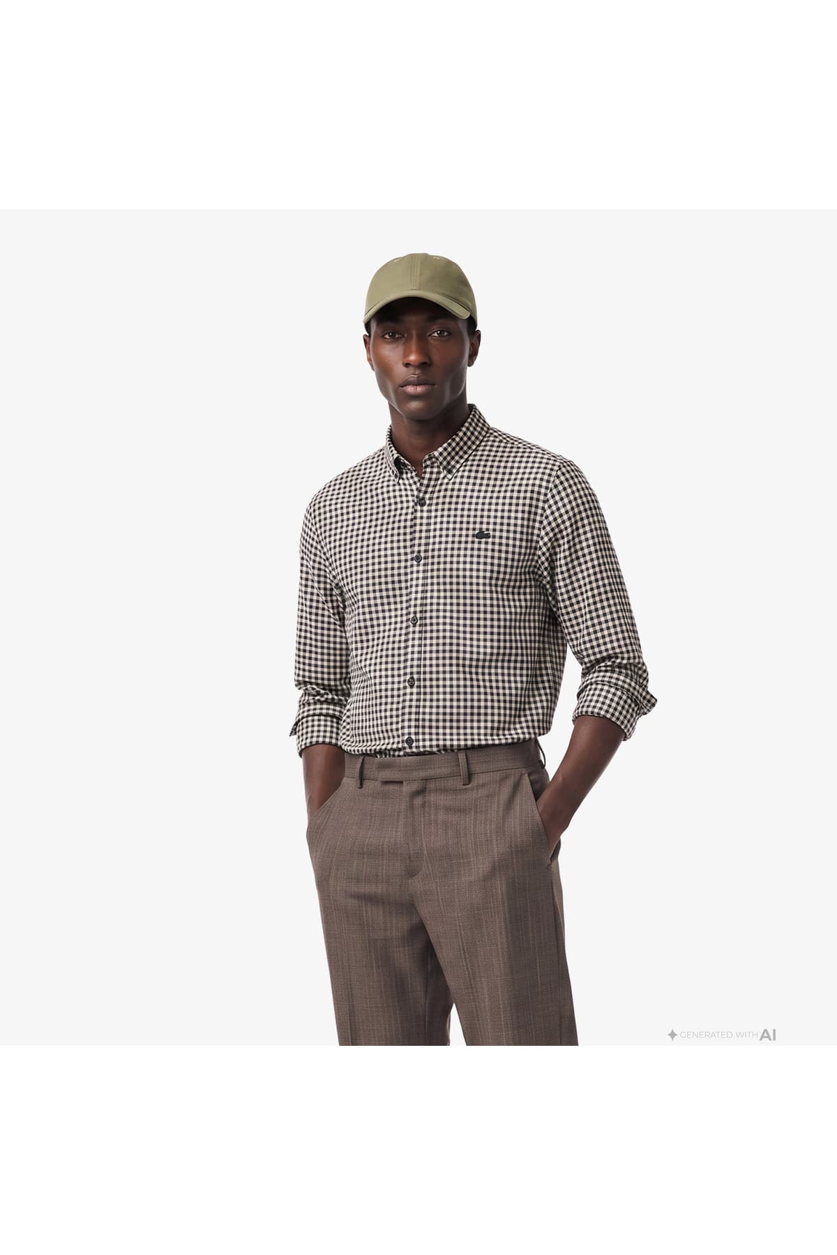 پیراهن چهارخانه قهوهای یقه دکمهدار مردانه Lacoste مدل Regular Fit پیراهن چهارخانه قهوهای یقه دکمهدار مردانه Lacoste مدل Regular Fit