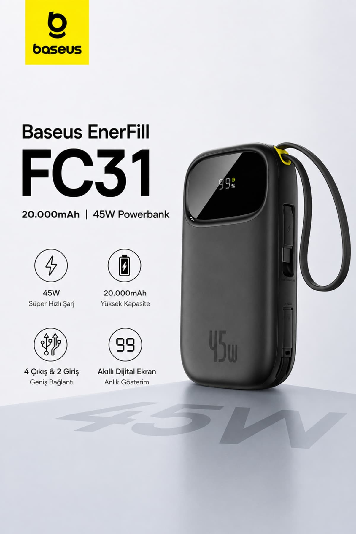 پاوربانک Baseus با نمایشگر دیجیتال، شارژ سریع و کابل USB-C دوگانه داخلی 20000mAh 45W مشکی پاوربانک Baseus با نمایشگر دیجیتال، شارژ سریع و کابل USB-C دوگانه داخلی 20000mAh 45W مشکی
