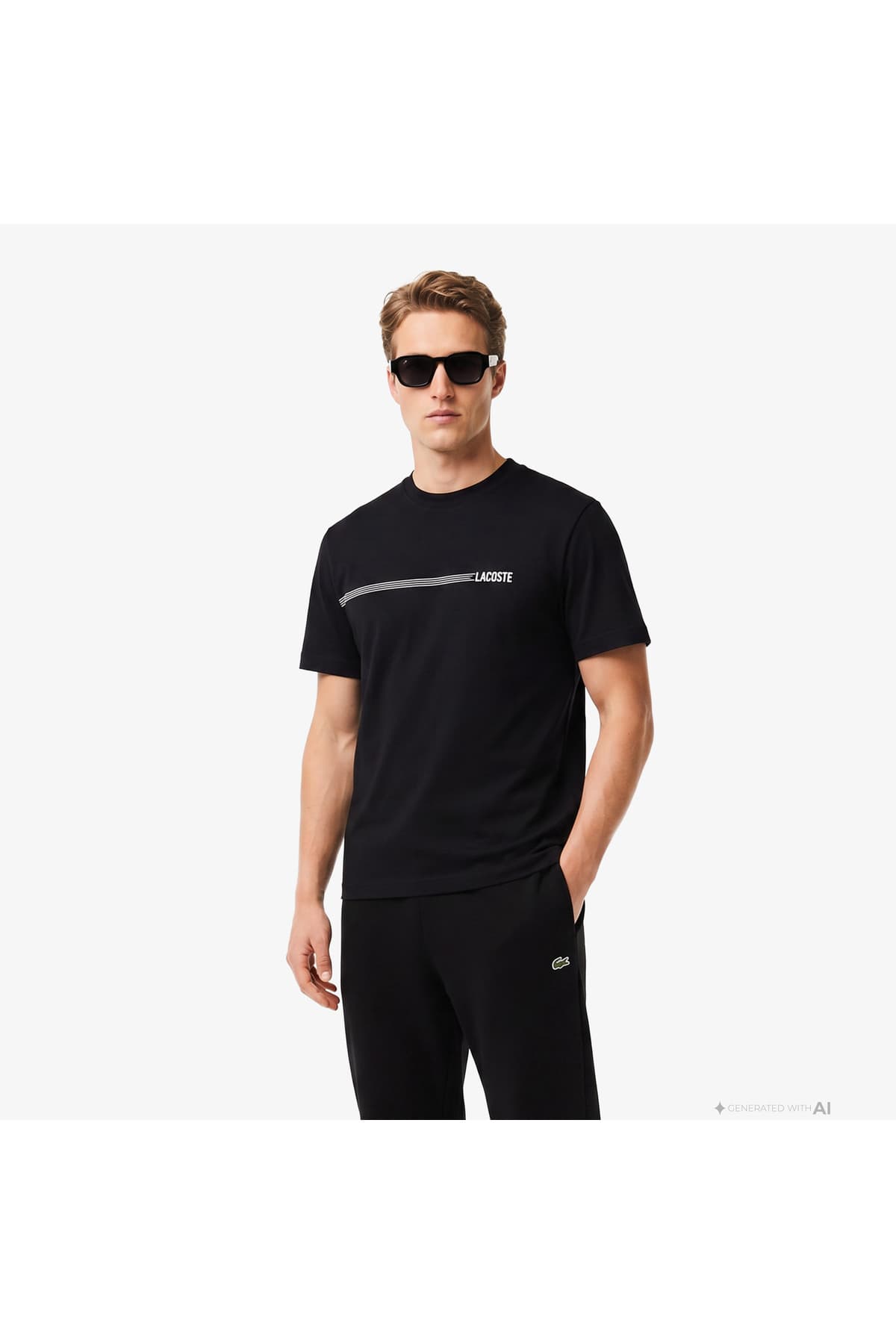 تیشرت مردانه Lacoste یقه گرد مشکی چاپدار فیت آزاد تیشرت مردانه Lacoste یقه گرد مشکی چاپدار فیت آزاد