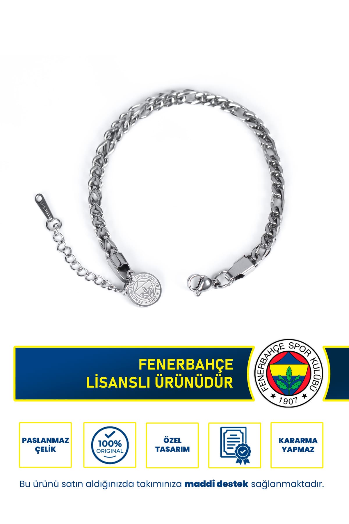 دستبند زنانه Fenerbahçe فولادی باریک قابل تنظیم 19 cm خاکستری لایسنسدار مدل FB دستبند زنانه Fenerbahçe فولادی باریک قابل تنظیم 19 cm خاکستری لایسنسدار مدل FB