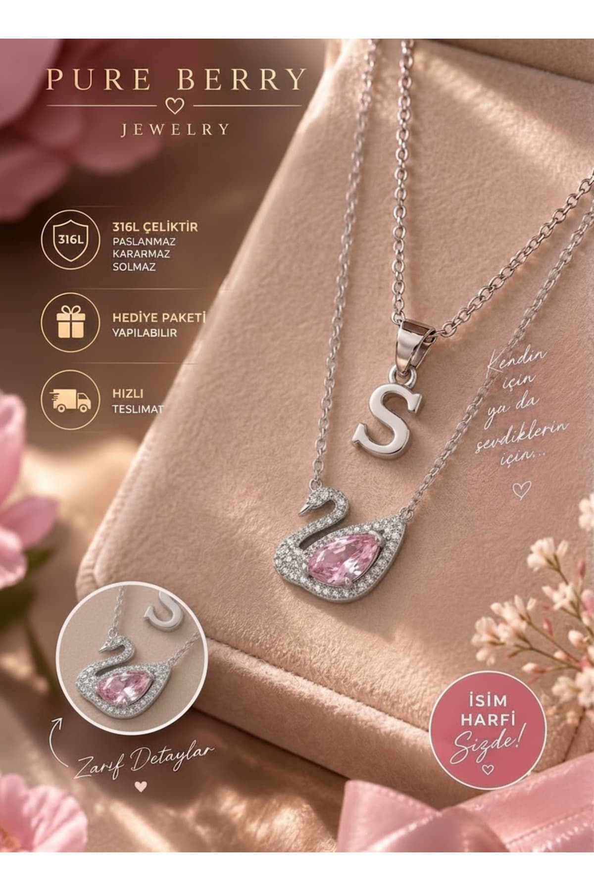 گردنبند زنانه PURE BERRY با طرح قو، نگین صورتی و حرف اختصاصی گردنبند زنانه PURE BERRY با طرح قو، نگین صورتی و حرف اختصاصی