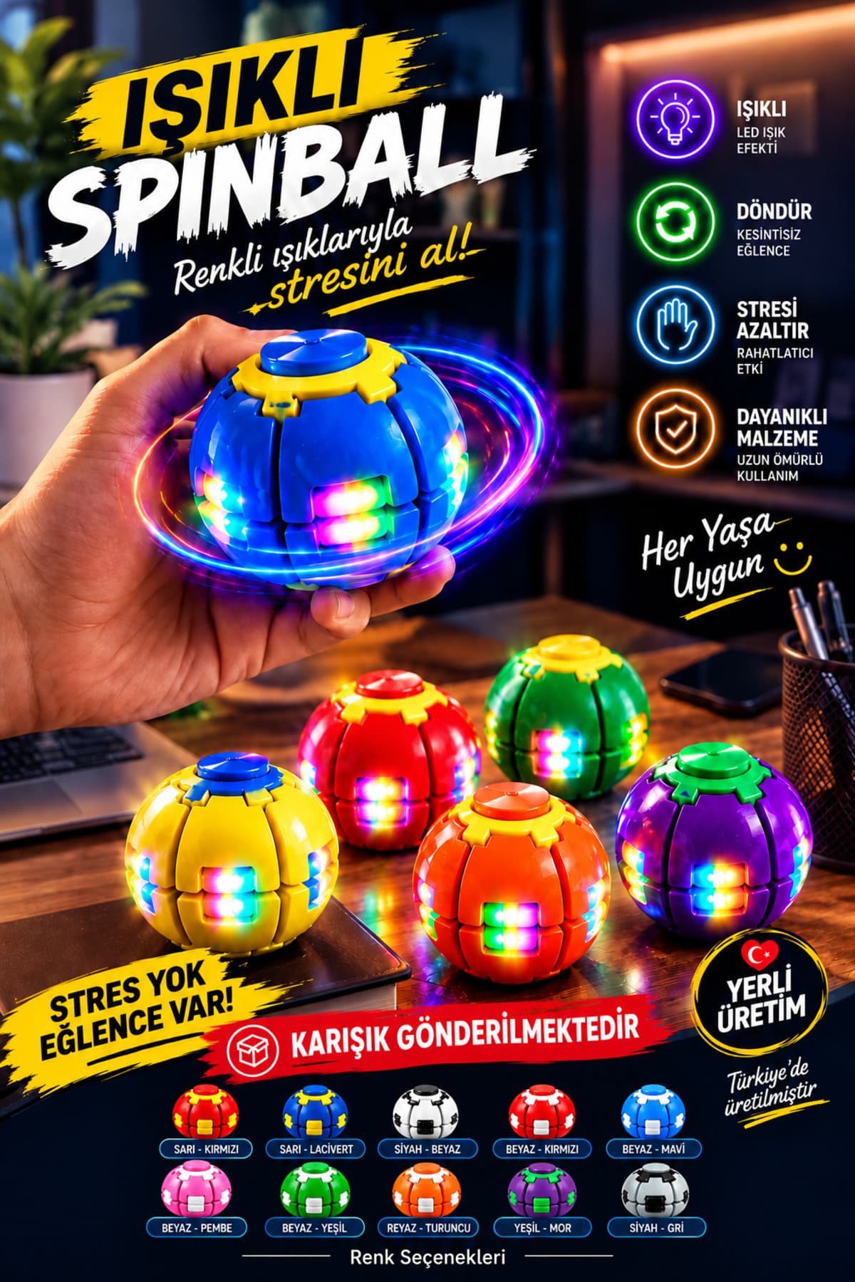 اسباببازی توپ ضد استرس چرخان hauswert دارای چراغ و مکانیزم کاهش استرس Spinball اسباببازی توپ ضد استرس چرخان hauswert دارای چراغ و مکانیزم کاهش استرس Spinball
