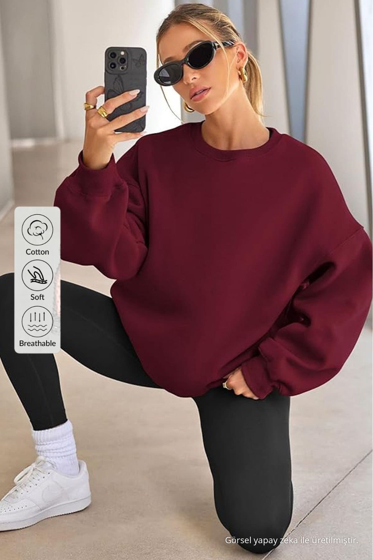 سوئیشرت زنانه COMBİNE MİCHAİL یقه گرد بیسیک اورسایز بوردو سوئیشرت زنانه COMBİNE MİCHAİL یقه گرد بیسیک اورسایز بوردو