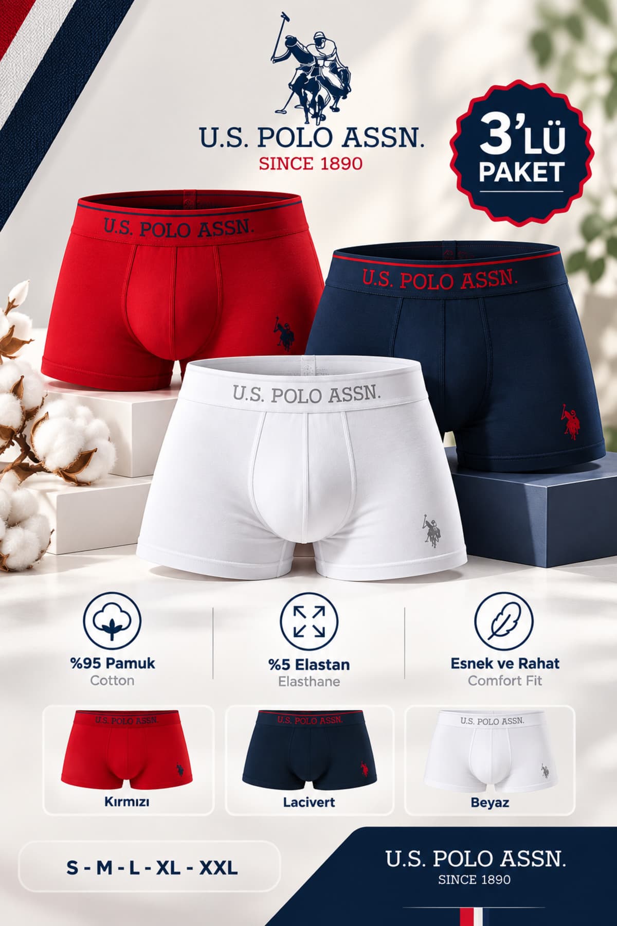باکسر مردانه U.S. Polo Assn. ۳تایی %95 پنبه %5 الاستین باکسر مردانه U.S. Polo Assn. ۳تایی %95 پنبه %5 الاستین