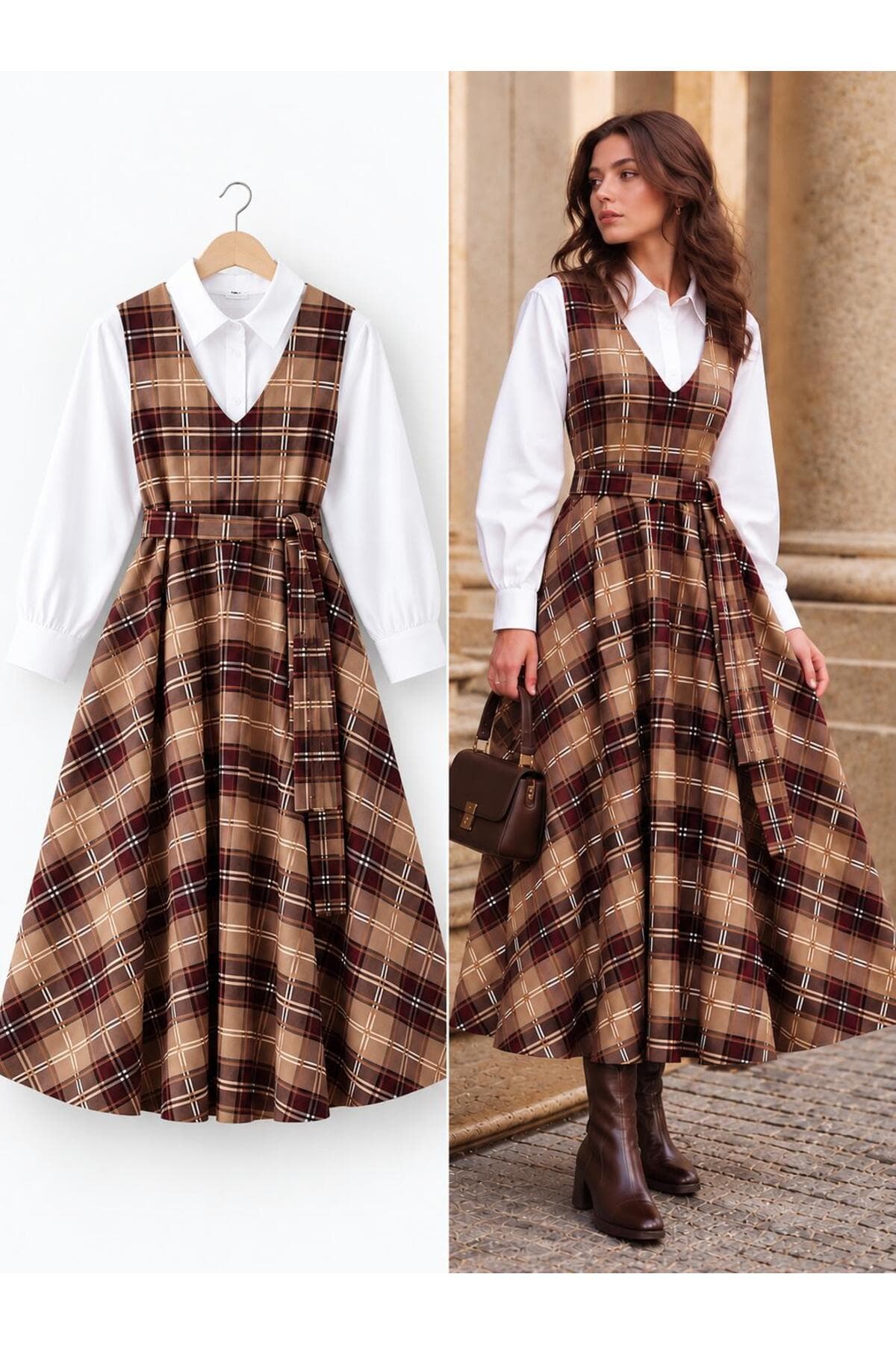 لباس زنانه Küçüğüm Butik بلند چهارخانه کرم-زرشکی Jile لباس زنانه Küçüğüm Butik بلند چهارخانه کرم-زرشکی Jile