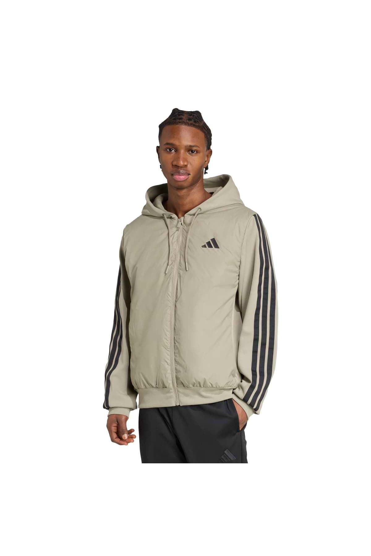 ژاکت مردانه adidas Essentials 3 Stripes بژ با کلاه ژاکت مردانه adidas Essentials 3 Stripes بژ با کلاه