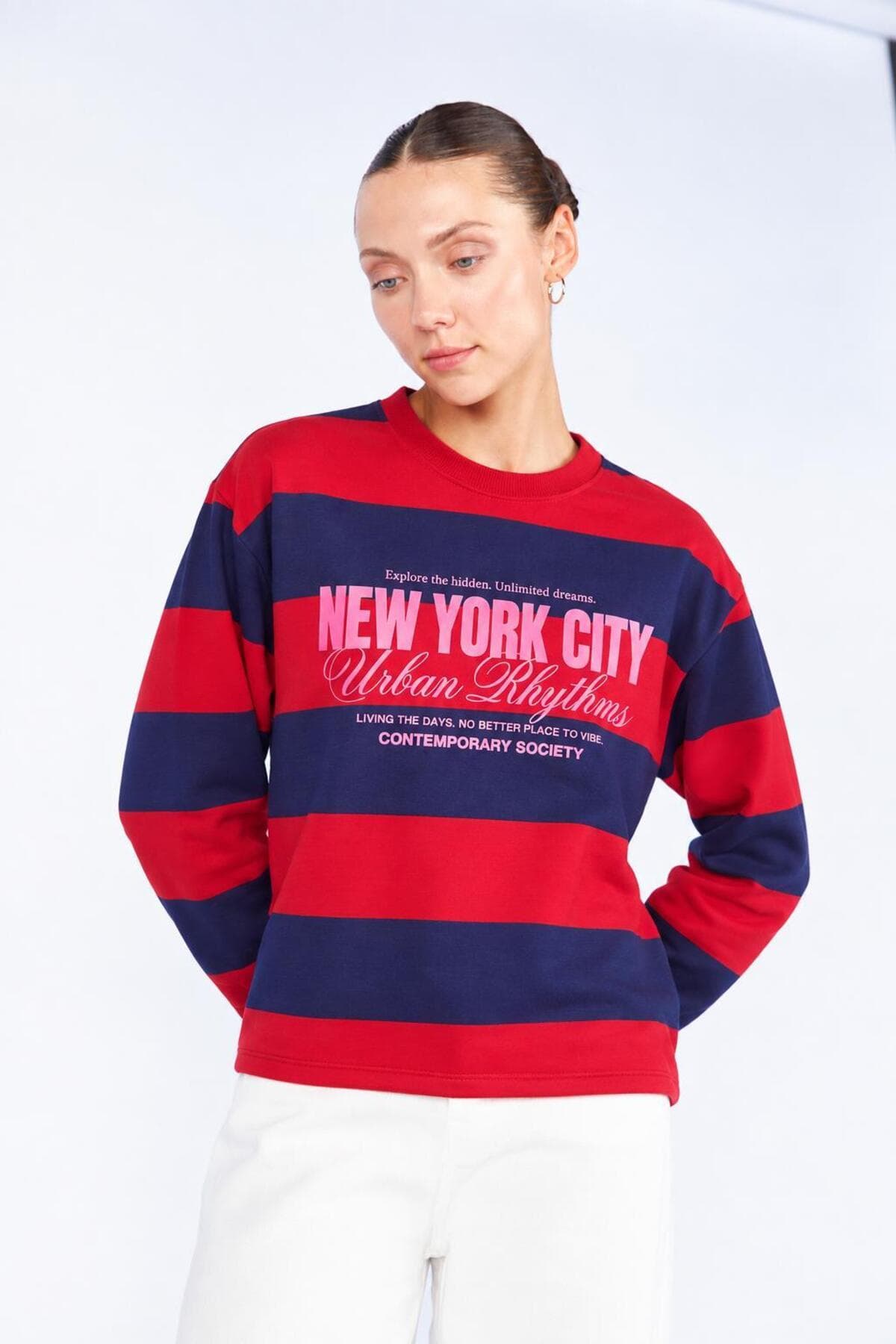 سوئیشرت زنانه Tena سرمهای یقه گرد با چاپ New York راهراه سوئیشرت زنانه Tena سرمهای یقه گرد با چاپ New York راهراه