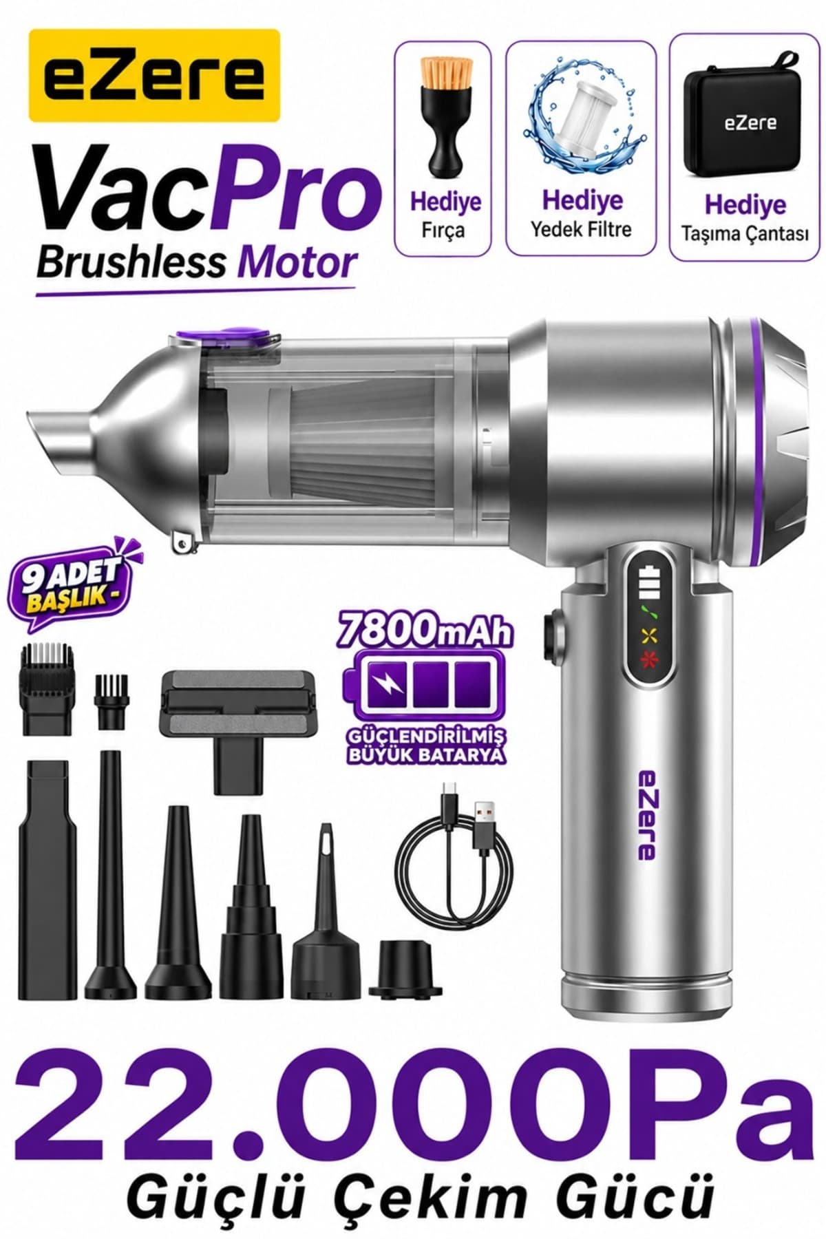 جاروبرقی کوچک بیسیم خودرو EZERE Vacpro با مکش 22000pa و نمایشگر دیجیتال جاروبرقی کوچک بیسیم خودرو EZERE Vacpro با مکش 22000pa و نمایشگر دیجیتال