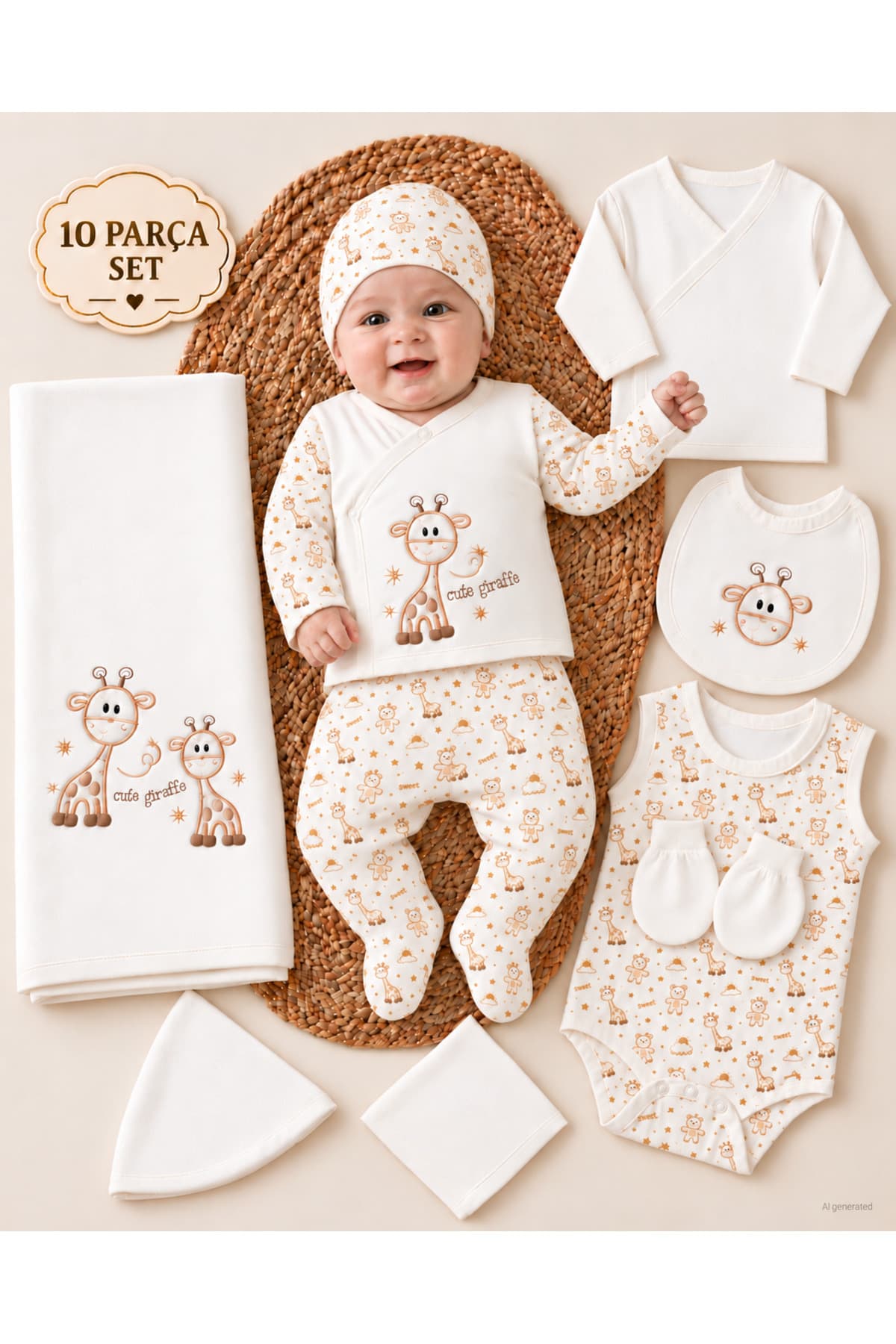 ست 10 تکه لباس نوزادی یونیسکس Petino اکرو با پتو طرح زرافه گلدوزیشده ست 10 تکه لباس نوزادی یونیسکس Petino اکرو با پتو طرح زرافه گلدوزیشده