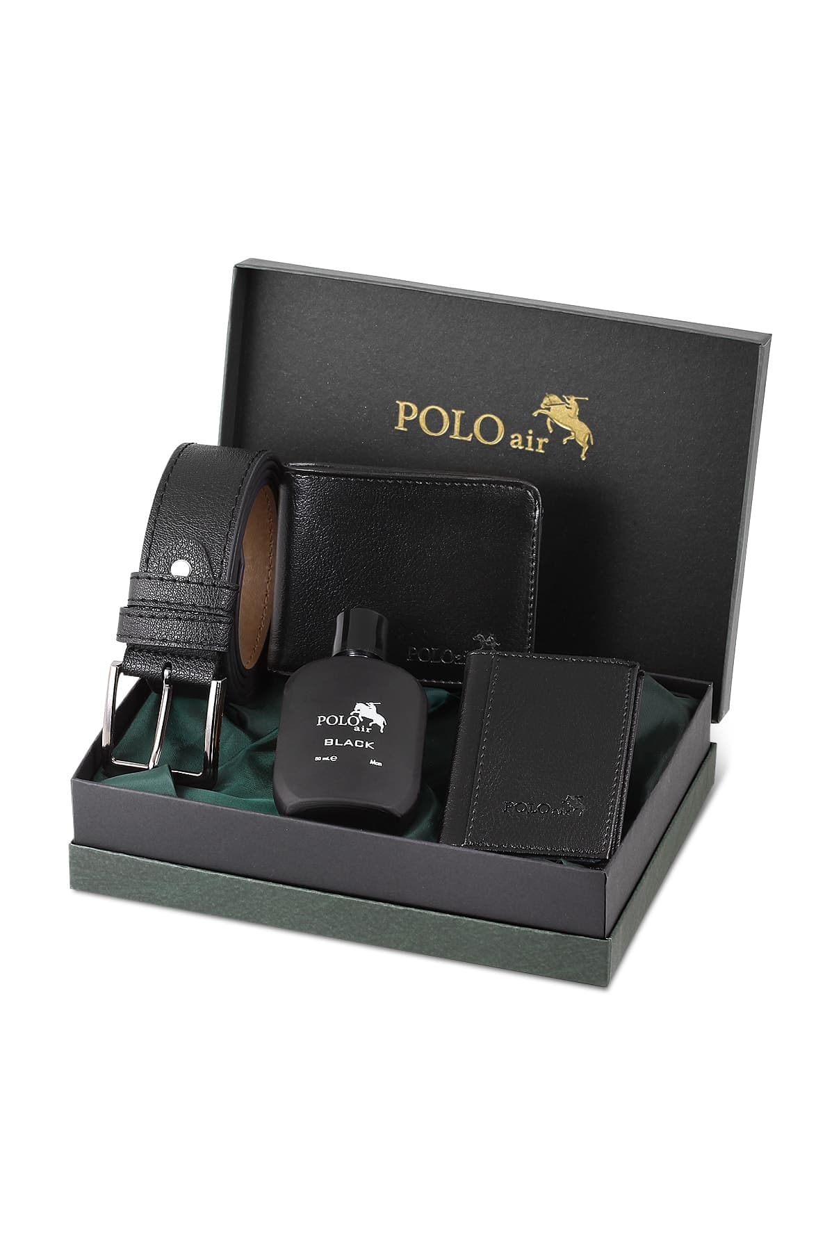 ست کیف پول، کمربند، جاکارتی و عطر مردانه Poloair جعبهدار کلاسیک مشکی ست کیف پول، کمربند، جاکارتی و عطر مردانه Poloair جعبهدار کلاسیک مشکی