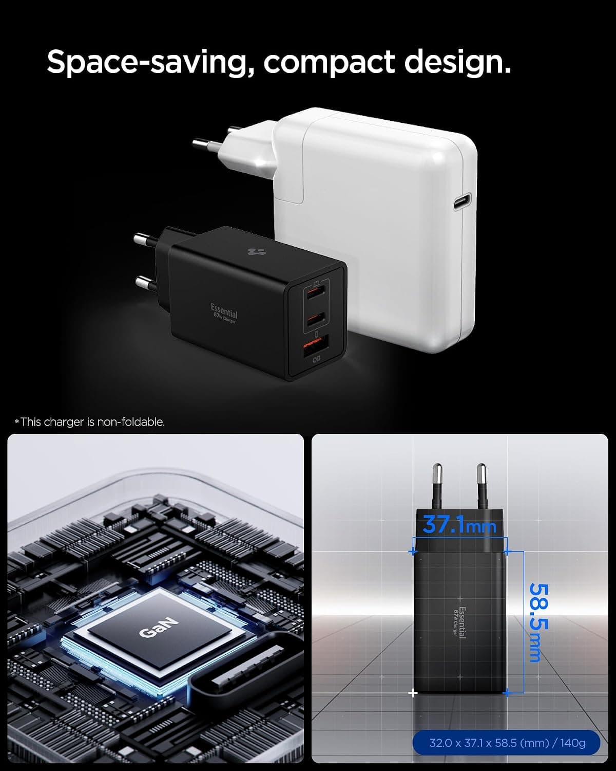 شارژر Spigen 67W با 3 پورت USB-C و USB-A مشکی مدل ACH09458 شارژر Spigen 67W با 3 پورت USB-C و USB-A مشکی مدل ACH09458