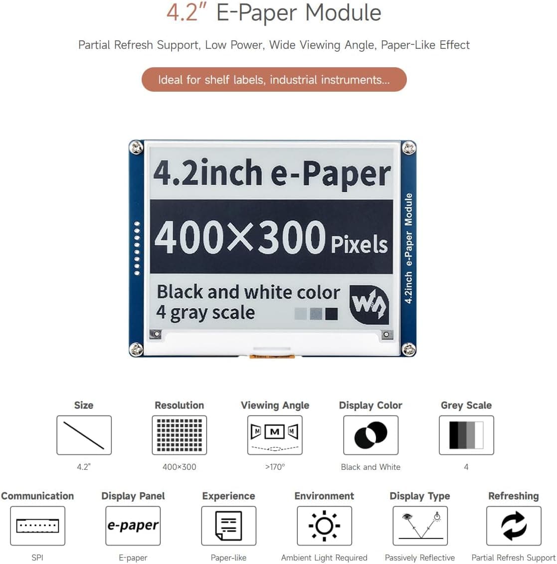 ماژول نمایشگر E-Paper کیت Waveshare 4.2 اینچ رزولوشن 400x300 با رابط SPI ماژول نمایشگر E-Paper کیت Waveshare 4.2 اینچ رزولوشن 400x300 با رابط SPI