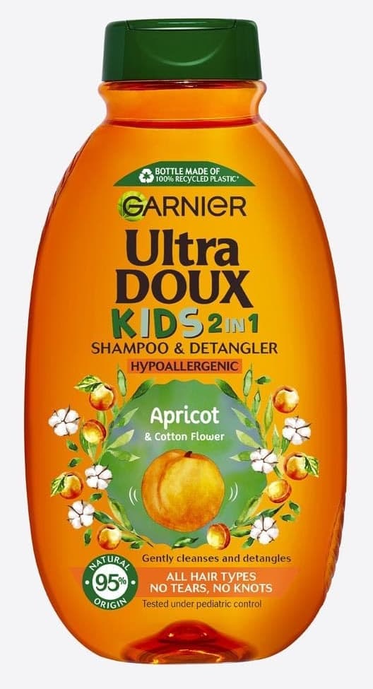 شامپو و نرمکننده موی کودک Garnier Ultra Doux با رایحه زردآلو و گل پنبه، ضدحساسیت شامپو و نرمکننده موی کودک Garnier Ultra Doux با رایحه زردآلو و گل پنبه، ضدحساسیت