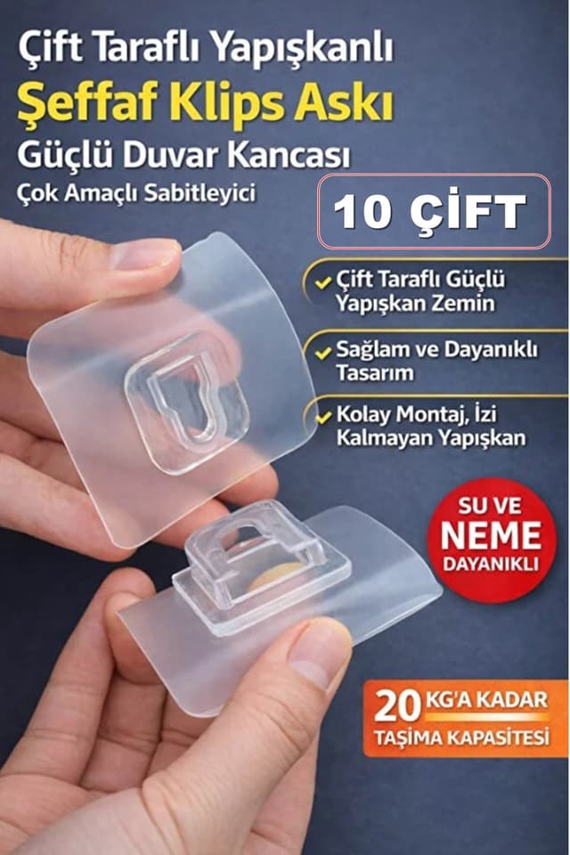 کلیپ نگهدارنده دیواری İndirimKap 10 جفت شفاف با چسب دوطرفه کلیپ نگهدارنده دیواری İndirimKap 10 جفت شفاف با چسب دوطرفه