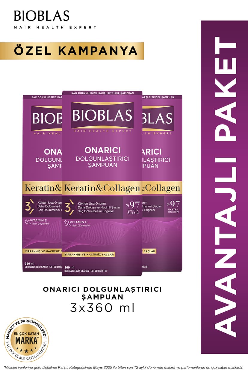 شامپو زنانه Bioblas کراتین و کلاژن ترمیمکننده مو برای موهای نازک و آسیبدیده 3×360ml شامپو زنانه Bioblas کراتین و کلاژن ترمیمکننده مو برای موهای نازک و آسیبدیده 3×360ml
