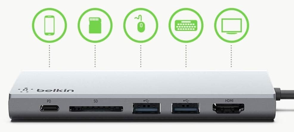 هاب چندرسانهای USB-C Belkin با کابل متصل HDMI 4K 30Hz و اسلات SD هاب چندرسانهای USB-C Belkin با کابل متصل HDMI 4K 30Hz و اسلات SD