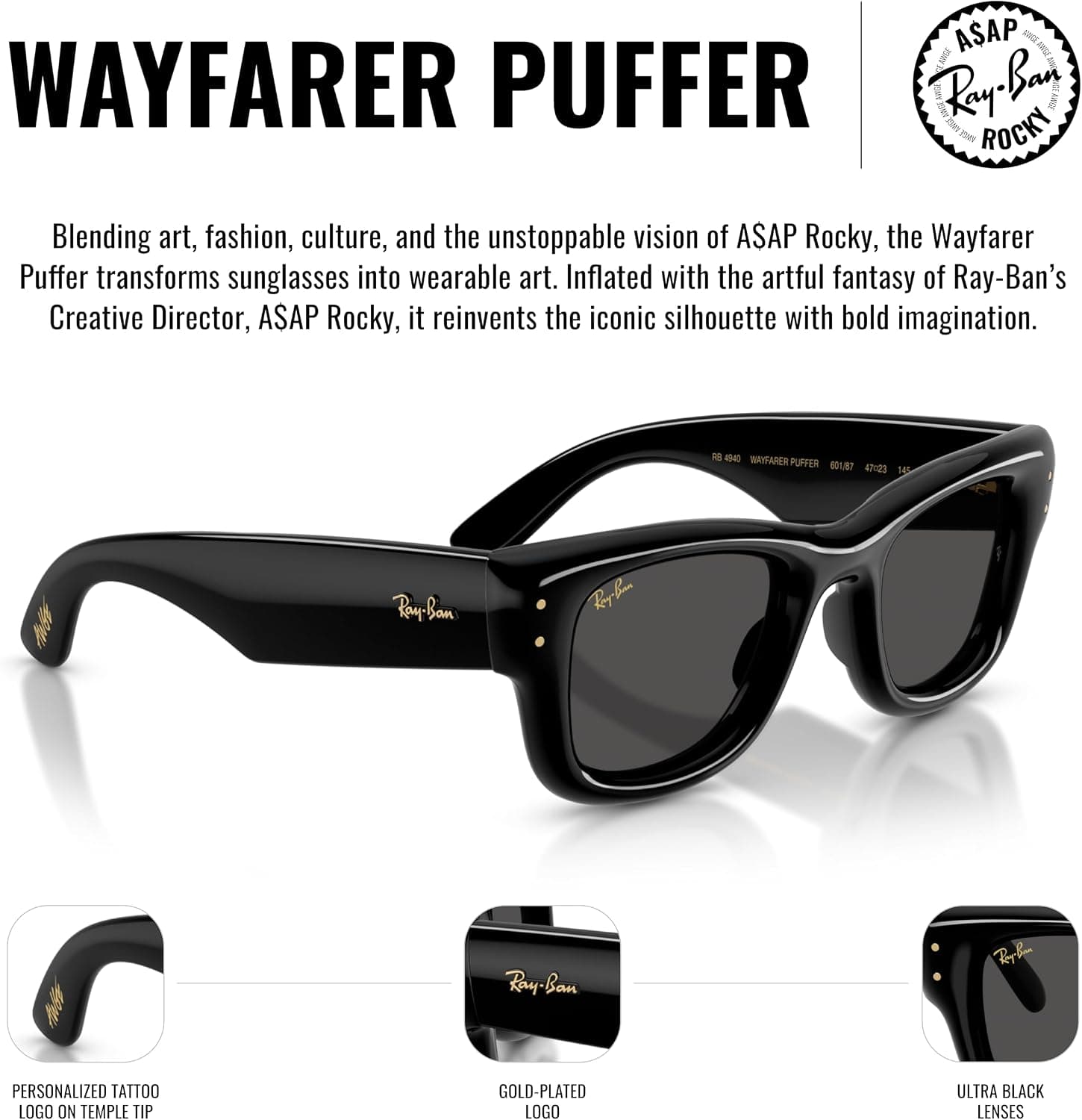 عینک آفتابی مربعی Ray-Ban از مجموعه Wayfarer Puffer Blacked Out A$AP Rocky مدل Rb4940 عینک آفتابی مربعی Ray-Ban از مجموعه Wayfarer Puffer Blacked Out A$AP Rocky مدل Rb4940