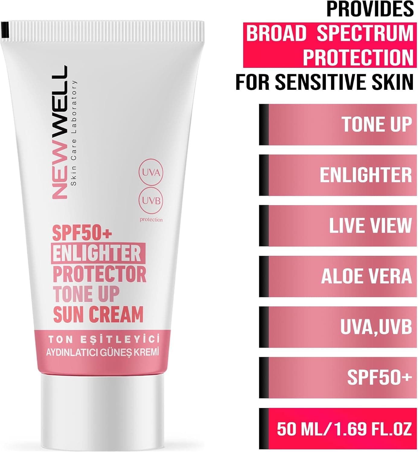 کرم ضدآفتاب صورت صورتی New Well با اثر روشنکننده و یکدستکننده SPF 50+ محافظ UVA/UVB 50 ml کرم ضدآفتاب صورت صورتی New Well با اثر روشنکننده و یکدستکننده SPF 50+ محافظ UVA/UVB 50 ml
