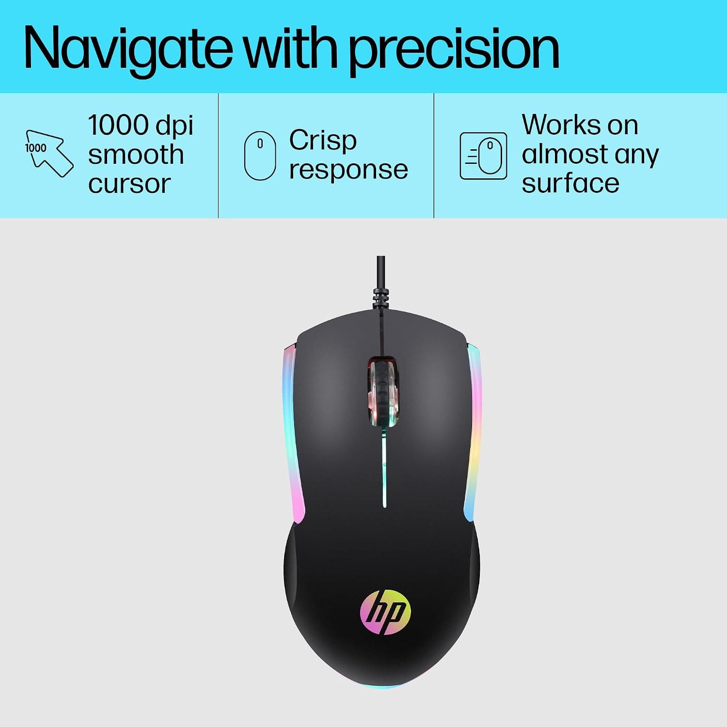 ماوس گیمینگ اپتیکال سیمی USB HP با سطح لاستیکی ضدلغزش، نور RGB و 1000 DPI مشکی مدل M160 7ZZ79AA ماوس گیمینگ اپتیکال سیمی USB HP با سطح لاستیکی ضدلغزش، نور RGB و 1000 DPI مشکی مدل M160 7ZZ79AA