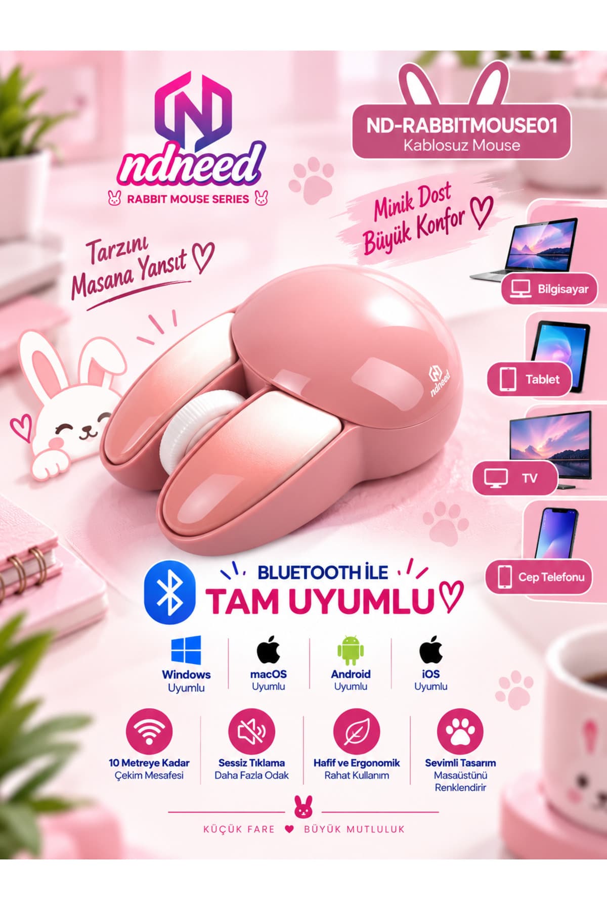 ماوس NDNeed طرح خرگوش سهبعدی صورتی بلوتوث + 2.4G دو حالته ماوس NDNeed طرح خرگوش سهبعدی صورتی بلوتوث + 2.4G دو حالته
