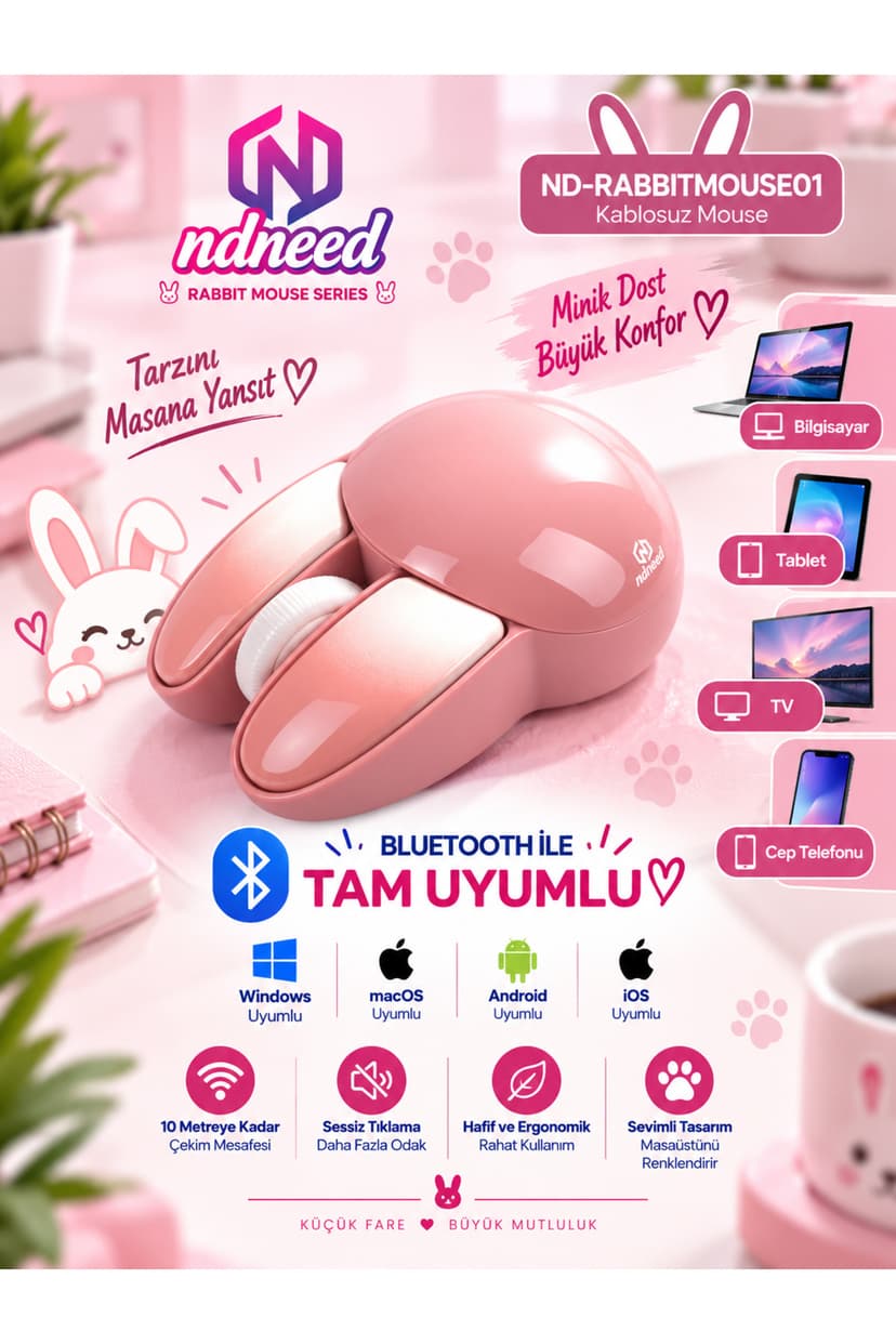 ماوس NDNeed طرح خرگوش سهبعدی صورتی بلوتوث + 2.4G دو حالته ماوس NDNeed طرح خرگوش سهبعدی صورتی بلوتوث + 2.4G دو حالته