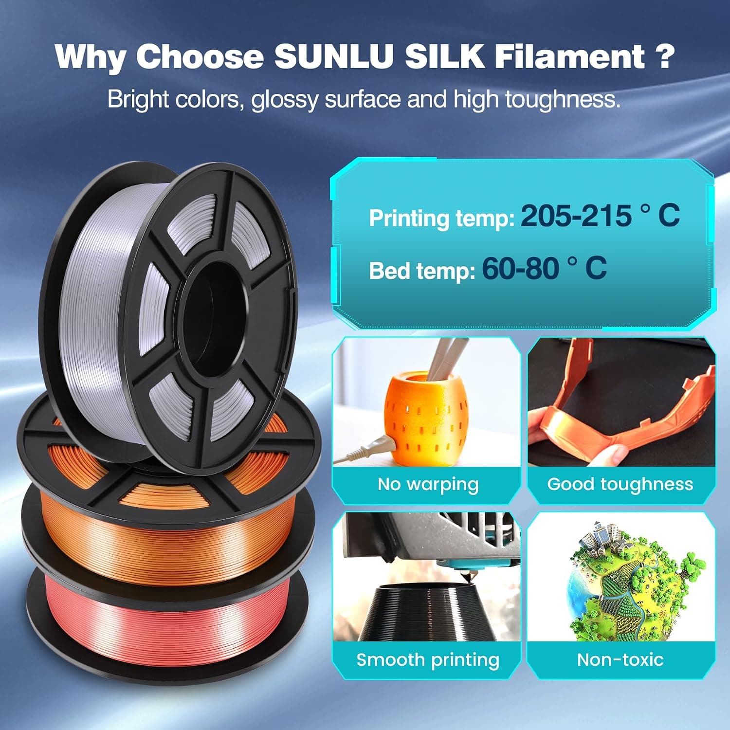 فیلامنت پرینتر سه بعدی SUNLU PLA+ ابریشمی 1.75mm نقرهای فیلامنت پرینتر سه بعدی SUNLU PLA+ ابریشمی 1.75mm نقرهای