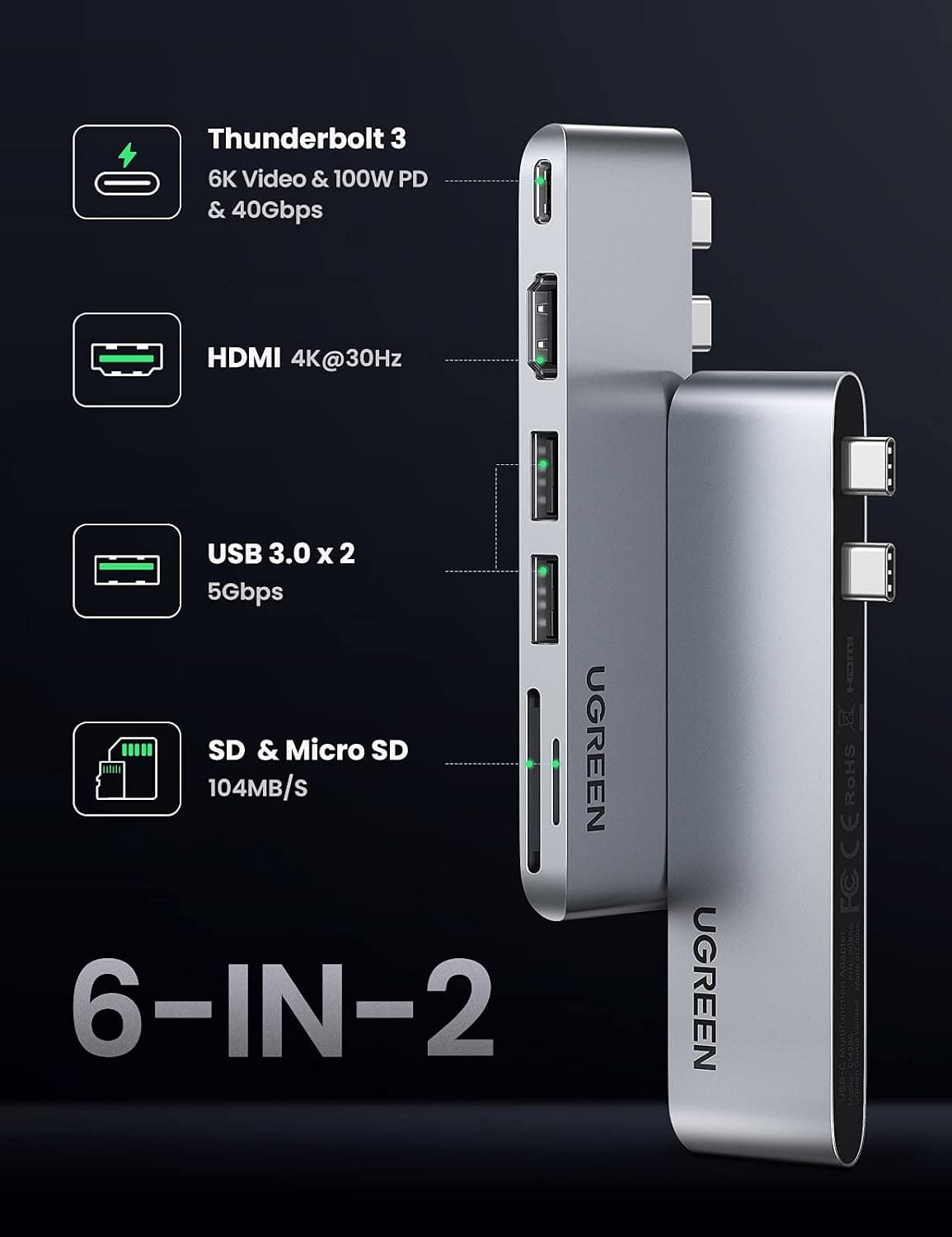 هاب و مبدل UGREEN برای Macbook Pro و Air با Thunderbolt 3 Type-C، HDMI، USB 3.0 و کارتخوان TF و SD هاب و مبدل UGREEN برای Macbook Pro و Air با Thunderbolt 3 Type-C، HDMI، USB 3.0 و کارتخوان TF و SD