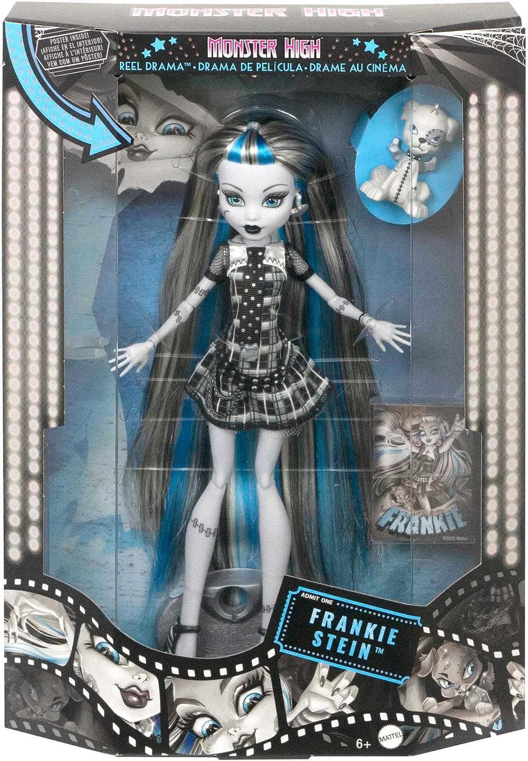 عروسک کلکسیونی Monster High Frankie Stein مدل Reel Drama سیاهوسفید با پوسترهای هماندازه عروسک و واقعی عروسک کلکسیونی Monster High Frankie Stein مدل Reel Drama سیاهوسفید با پوسترهای هماندازه عروسک و واقعی