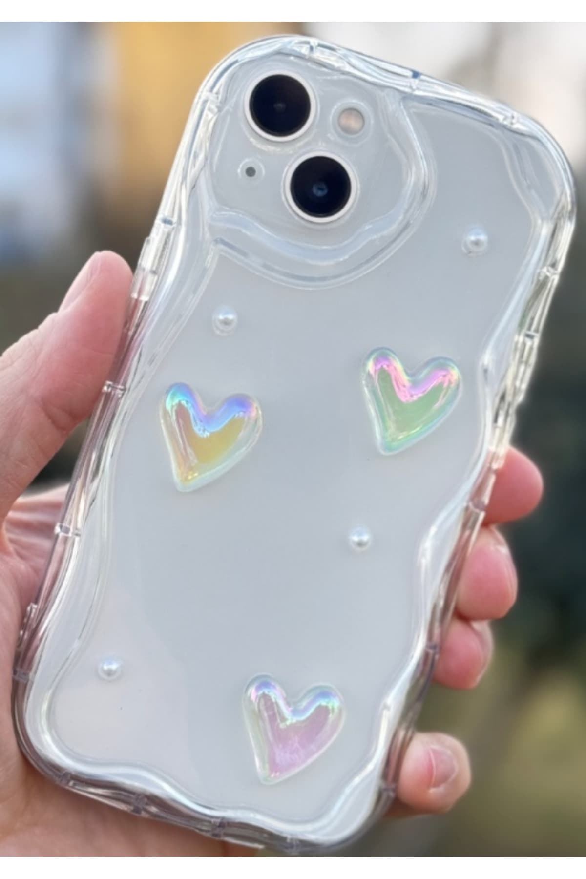 قاب گوشی Fibaks سیلیکونی شفاف طرح قلب و مروارید سه بعدی محافظ دوربین iPhone 13/14 قاب گوشی Fibaks سیلیکونی شفاف طرح قلب و مروارید سه بعدی محافظ دوربین iPhone 13/14
