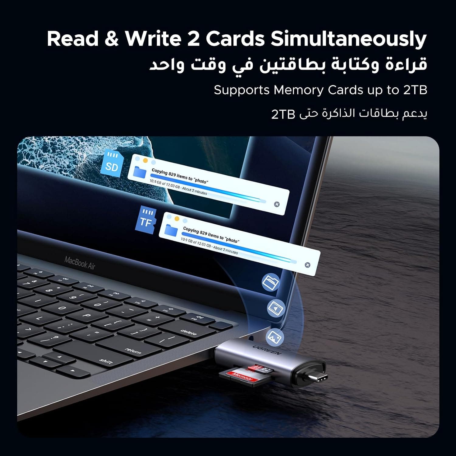کارتخوان کارت حافظه UGREEN دوشیاره USB 3.0/USB C OTG سازگار با iPhone 17 Series، MacBook Pro، M1 M2 Mac Air، iPad، Surface، Dell XPS، Samsung و Huawei کارتخوان کارت حافظه UGREEN دوشیاره USB 3.0/USB C OTG سازگار با iPhone 17 Series، MacBook Pro، M1 M2 Mac Air، iPad، Surface، Dell XPS، Samsung و Huawei