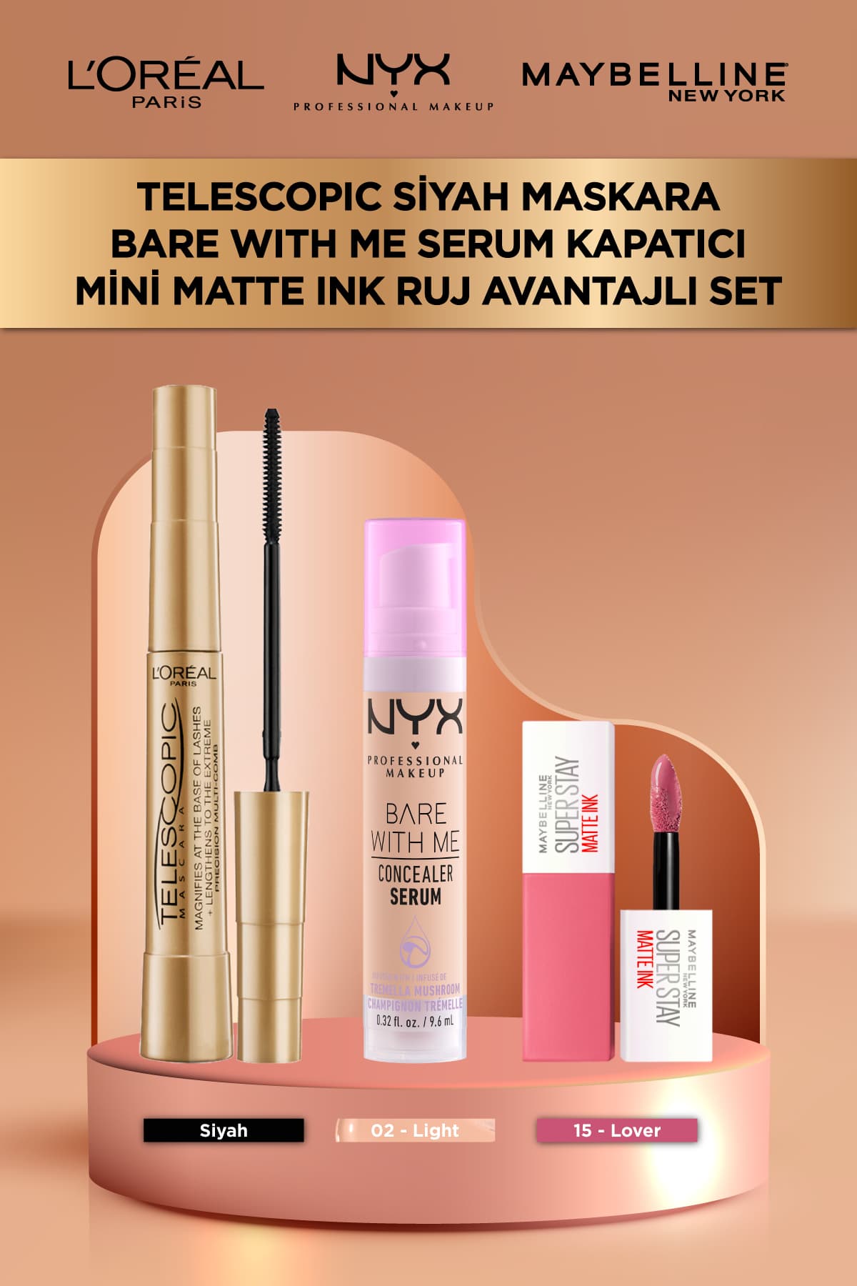 ست ماسکارا، کانسیلر، رژ L'Oreal Paris Telescopic Gold، Bare With Me 02، Matte Ink 15 ست ماسکارا، کانسیلر، رژ L'Oreal Paris Telescopic Gold، Bare With Me 02، Matte Ink 15