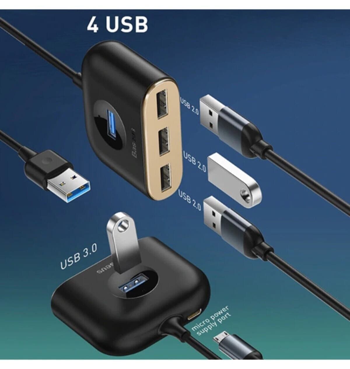هاب USB Baseus Square Round 4in1 با ورودی USB3.0 و خروجی USB3.0*1+USB2.0*3 به طول 1m هاب USB Baseus Square Round 4in1 با ورودی USB3.0 و خروجی USB3.0*1+USB2.0*3 به طول 1m