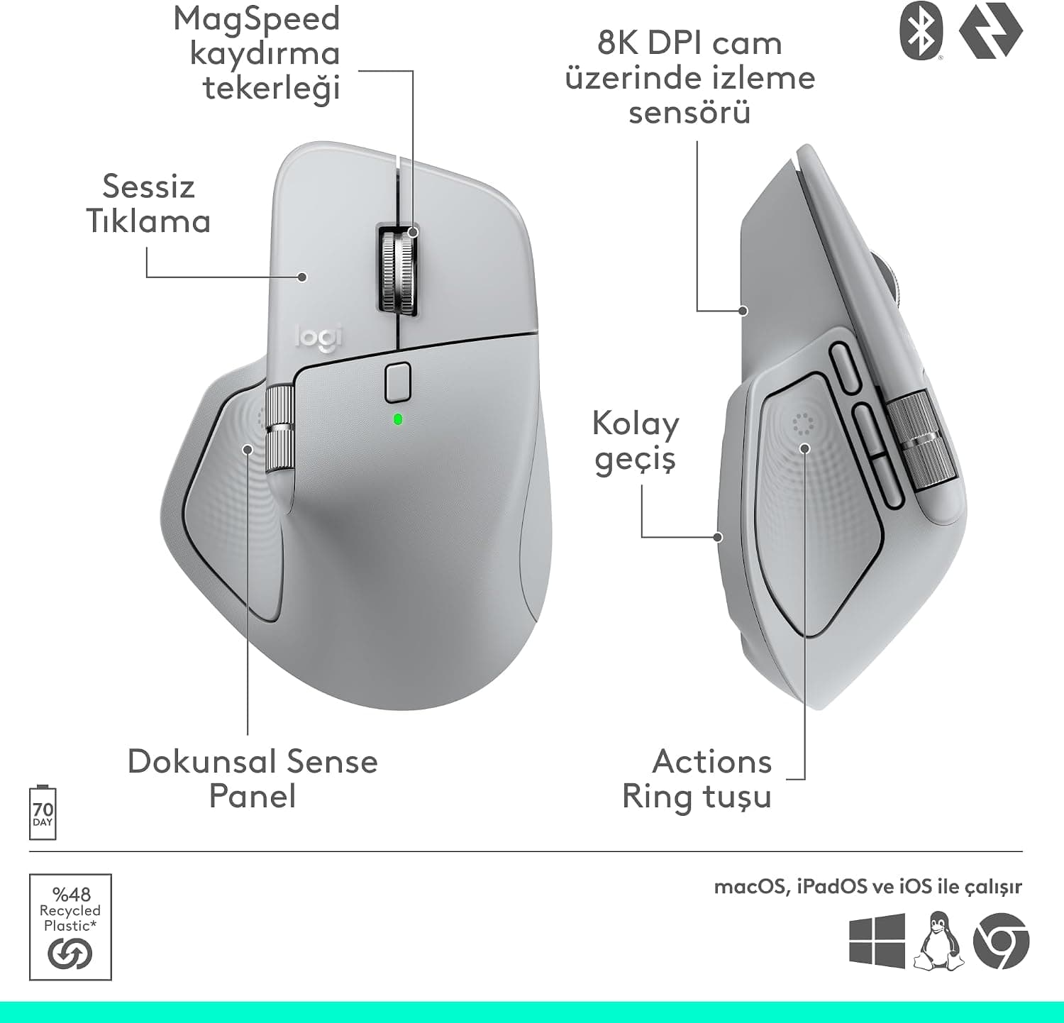 ماوس بیسیم Logitech با بازخورد لمسی مدل MX Master 4، بلوتوث، اسکرول فوقسریع، چنددستگاهی، 8000 DPI، حسگر نوری، بیصدا، خاکستری روشن ماوس بیسیم Logitech با بازخورد لمسی مدل MX Master 4، بلوتوث، اسکرول فوقسریع، چنددستگاهی، 8000 DPI، حسگر نوری، بیصدا، خاکستری روشن