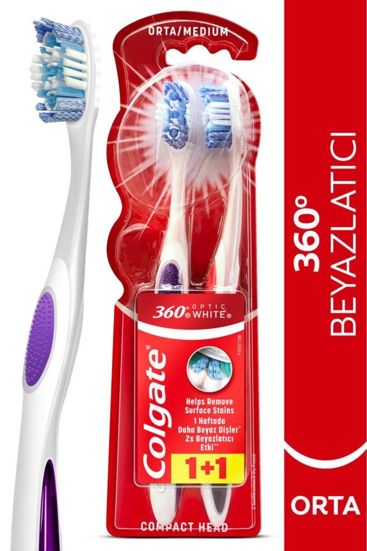 مسواک سفیدکننده متوسط Colgate 360 Optik Beyaz با پاککننده زبان و گونه 1+1 مسواک سفیدکننده متوسط Colgate 360 Optik Beyaz با پاککننده زبان و گونه 1+1
