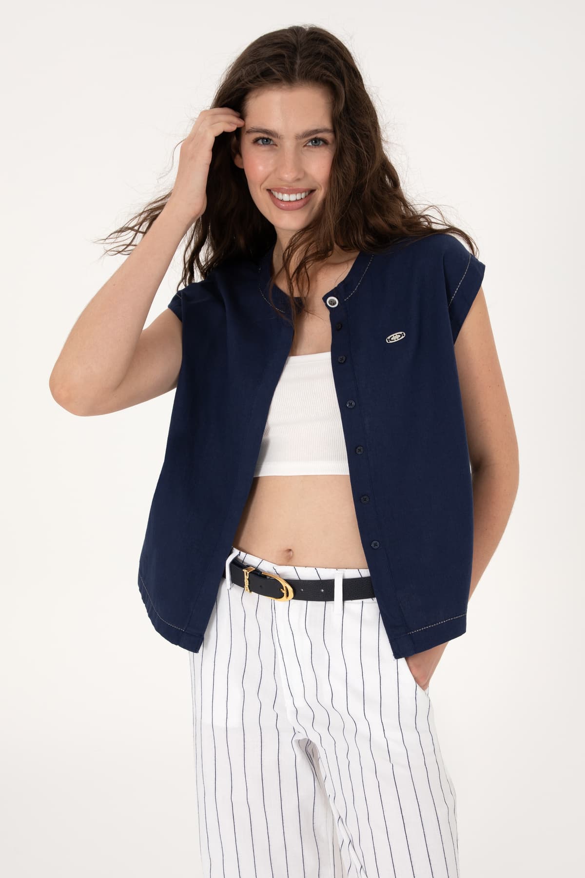 پیراهن زنانه U.S. Polo Assn. آستین کوتاه ترکیب کتان سرمهای مدل 50299436-VR033 پیراهن زنانه U.S. Polo Assn. آستین کوتاه ترکیب کتان سرمهای مدل 50299436-VR033
