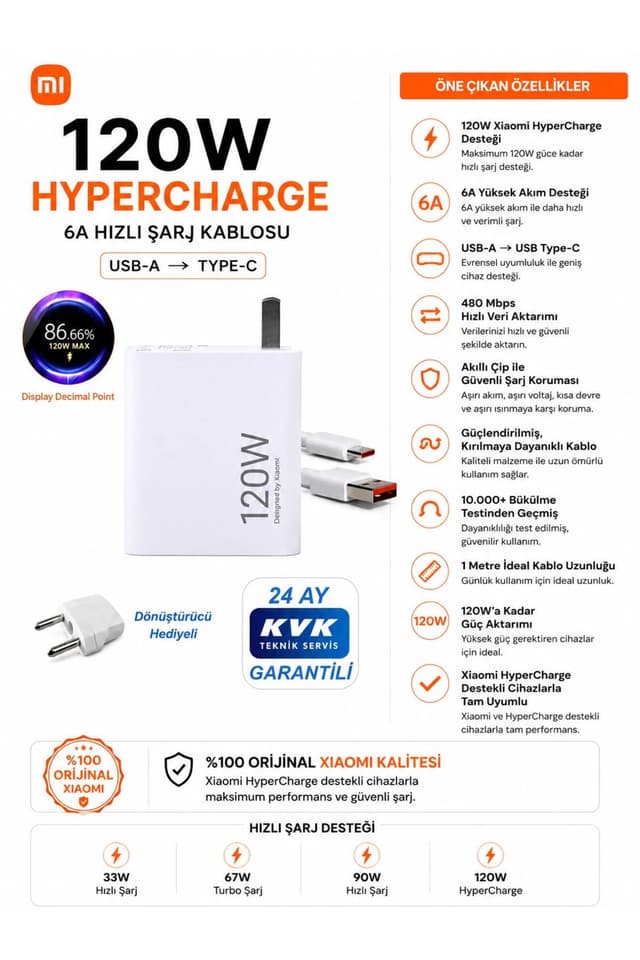 شارژر توربو Xiaomi 120W GaN USB همراه کابل شارژر توربو Xiaomi 120W GaN USB همراه کابل
