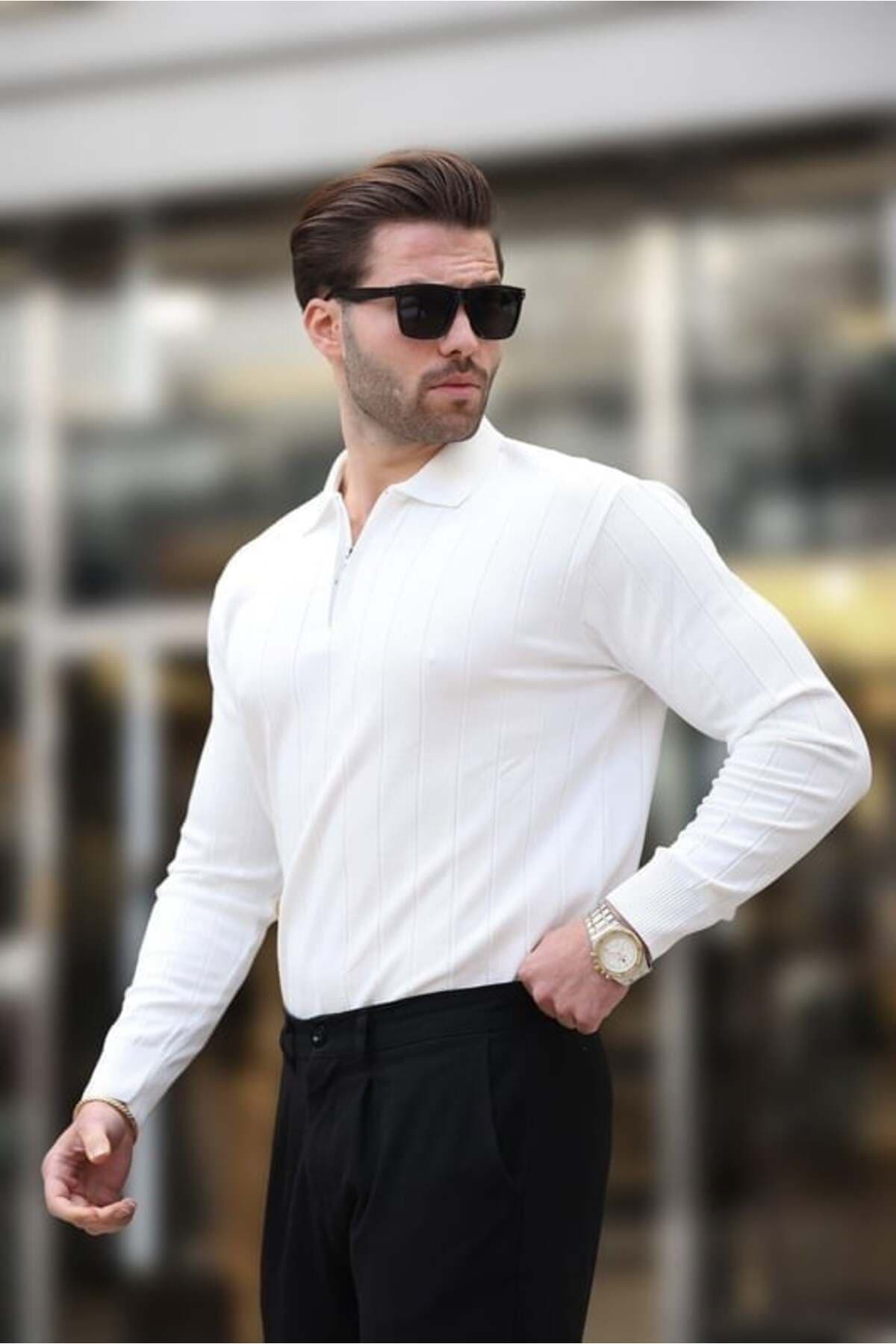 پلیور بافت Madmext سفید با یقه پولو و زیپدار مدل 7242 پلیور بافت Madmext سفید با یقه پولو و زیپدار مدل 7242