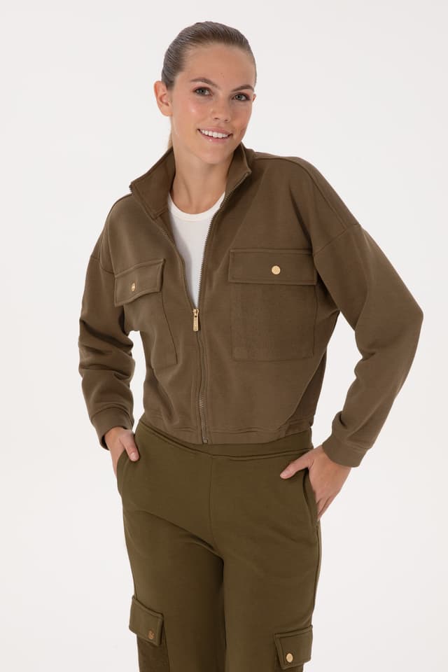 سوئیشرت زنانه U.S. Polo Assn. خاکی زیپ دار یقه ایستاده مدل 50299001-VR027 سوئیشرت زنانه U.S. Polo Assn. خاکی زیپ دار یقه ایستاده مدل 50299001-VR027