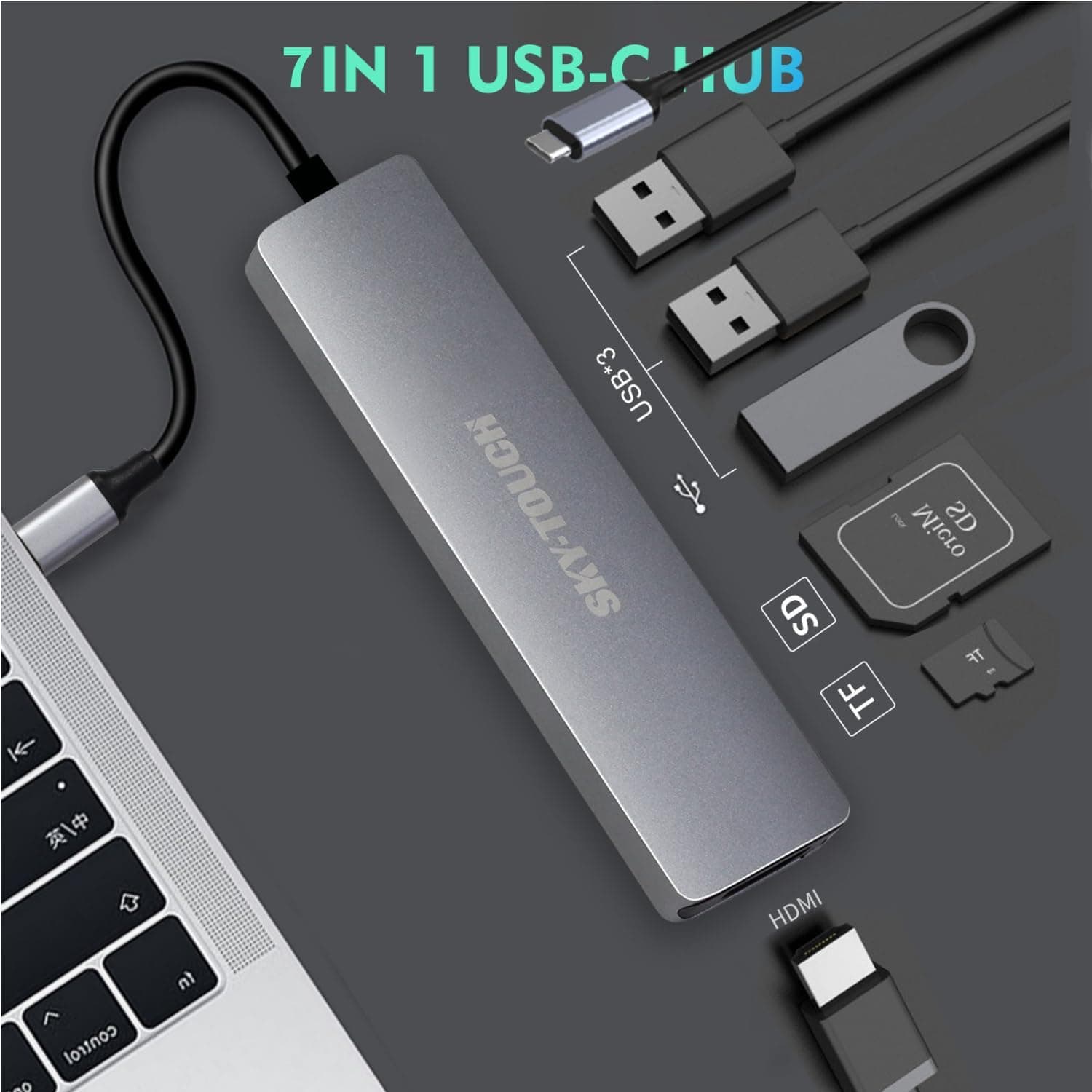 هاب USB-C SKY-TOUCH ۷ در ۱ با HDMI 4K و کارتخوان SD هاب USB-C SKY-TOUCH ۷ در ۱ با HDMI 4K و کارتخوان SD