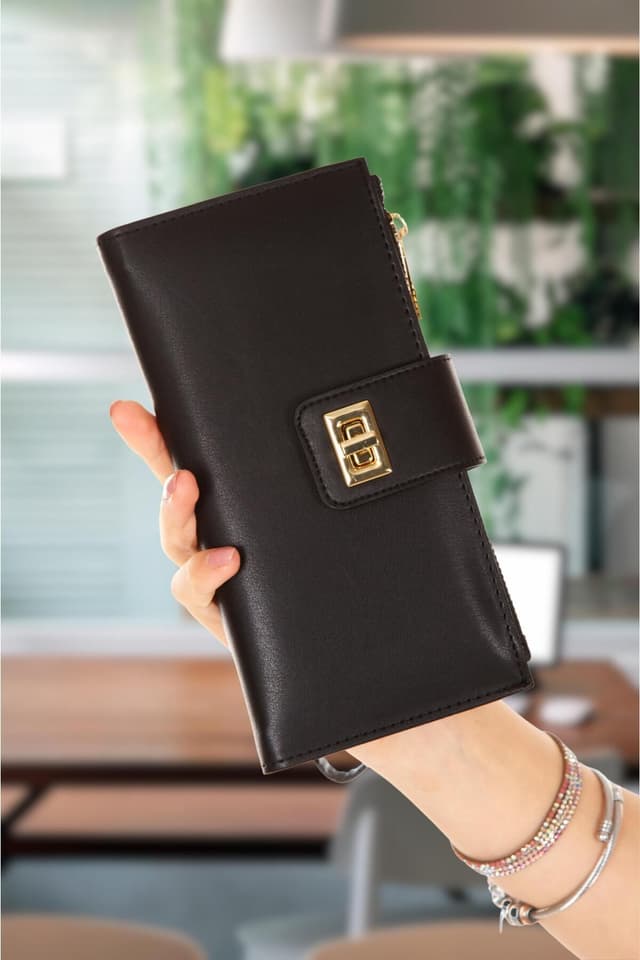 کیف پول پورتفویی زنانه Adelina Bags مشکی Venesia کاغذی با محفظه کارت و سکه، قفلدار و بند مچی کیف پول پورتفویی زنانه Adelina Bags مشکی Venesia کاغذی با محفظه کارت و سکه، قفلدار و بند مچی