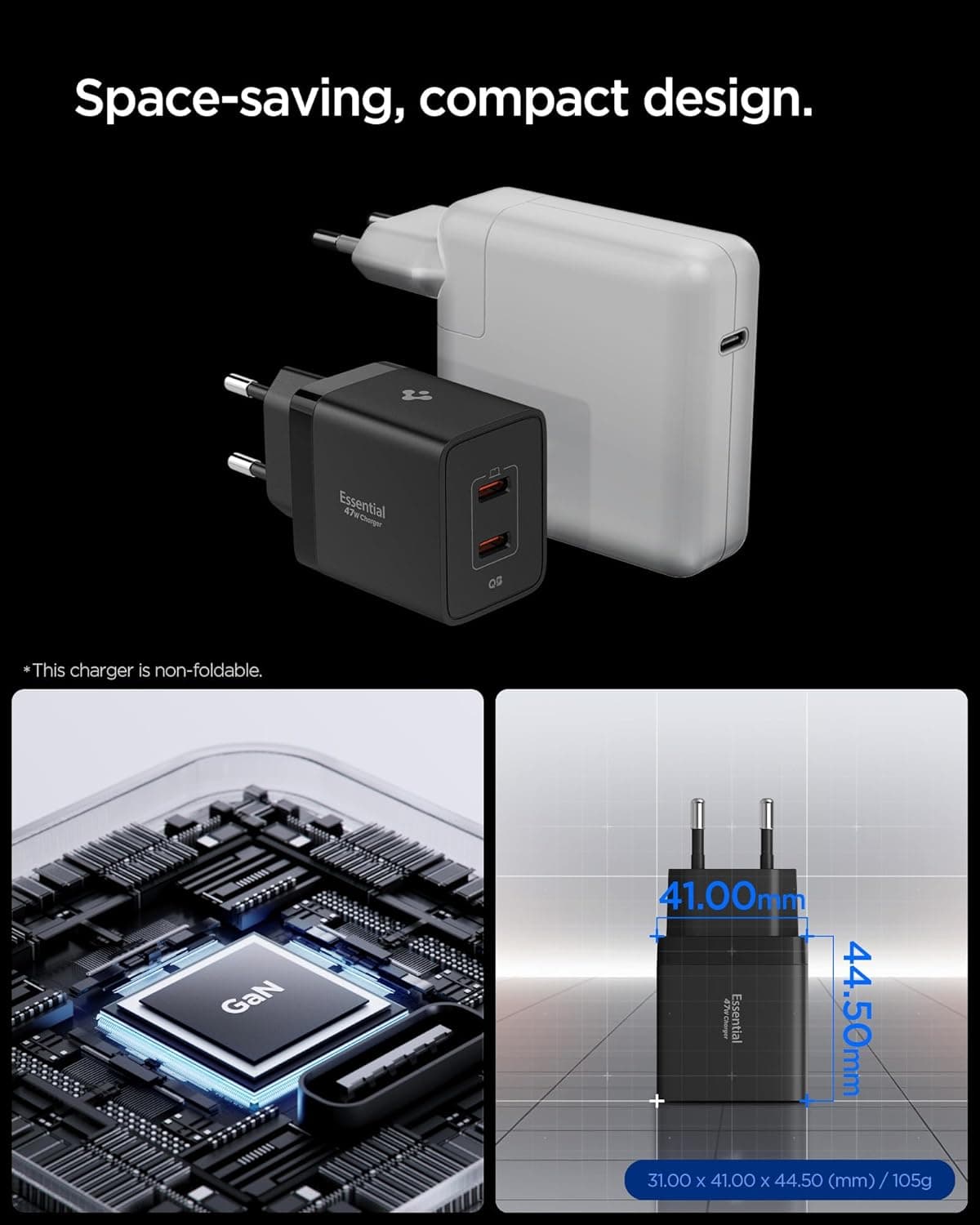 آداپتور شارژ سریع Spigen دوپورت USB-C 47W با PPS 2.0 و GaN Pro مشکی مدل ACH09457 آداپتور شارژ سریع Spigen دوپورت USB-C 47W با PPS 2.0 و GaN Pro مشکی مدل ACH09457