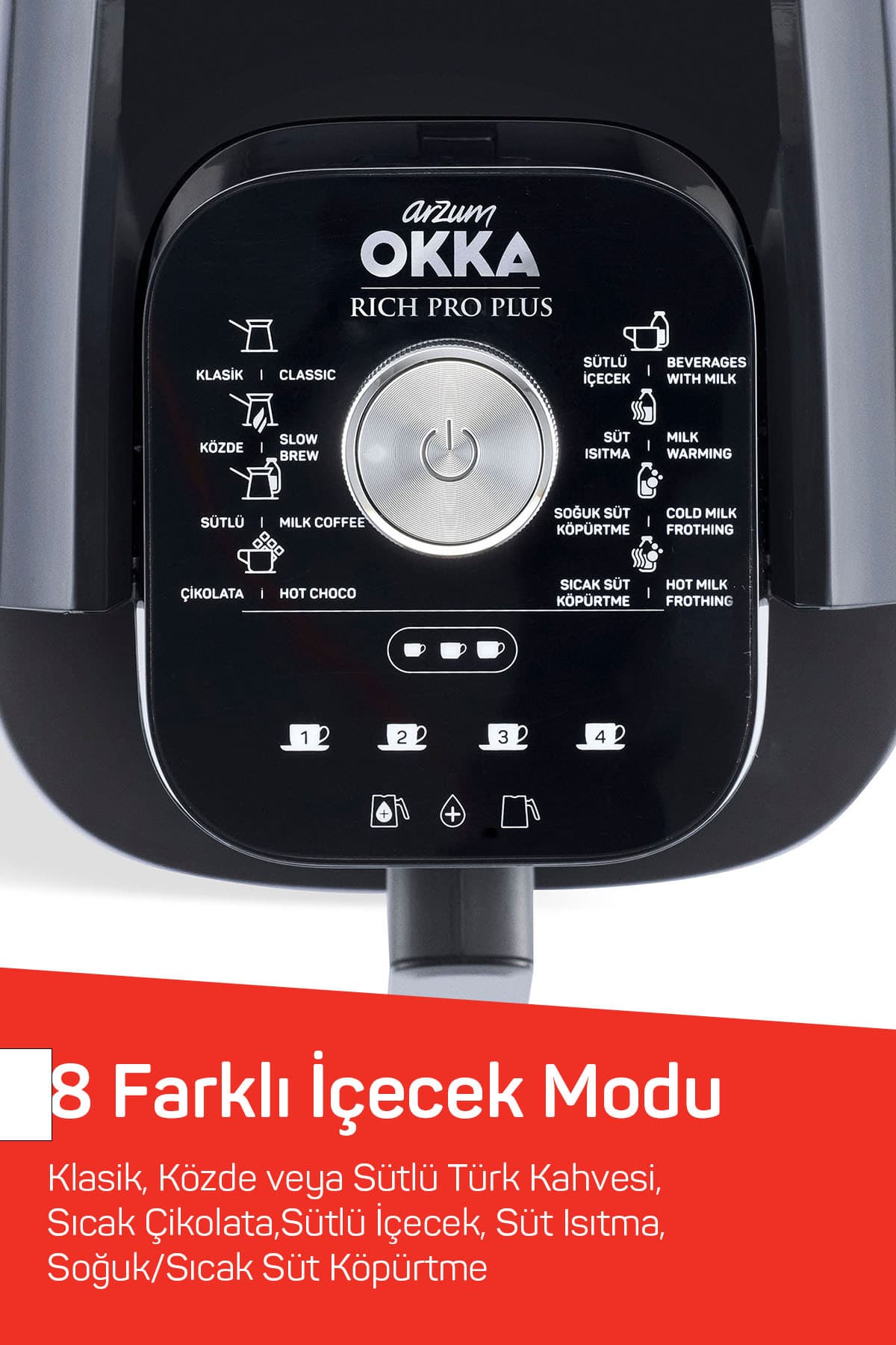ماشین قهوه ترک Arzum OKKA Rich Pro Plus با ۸ حالت نوشیدنی، ۴ فنجان، کروم، مدل OK0036-0500 ماشین قهوه ترک Arzum OKKA Rich Pro Plus با ۸ حالت نوشیدنی، ۴ فنجان، کروم، مدل OK0036-0500