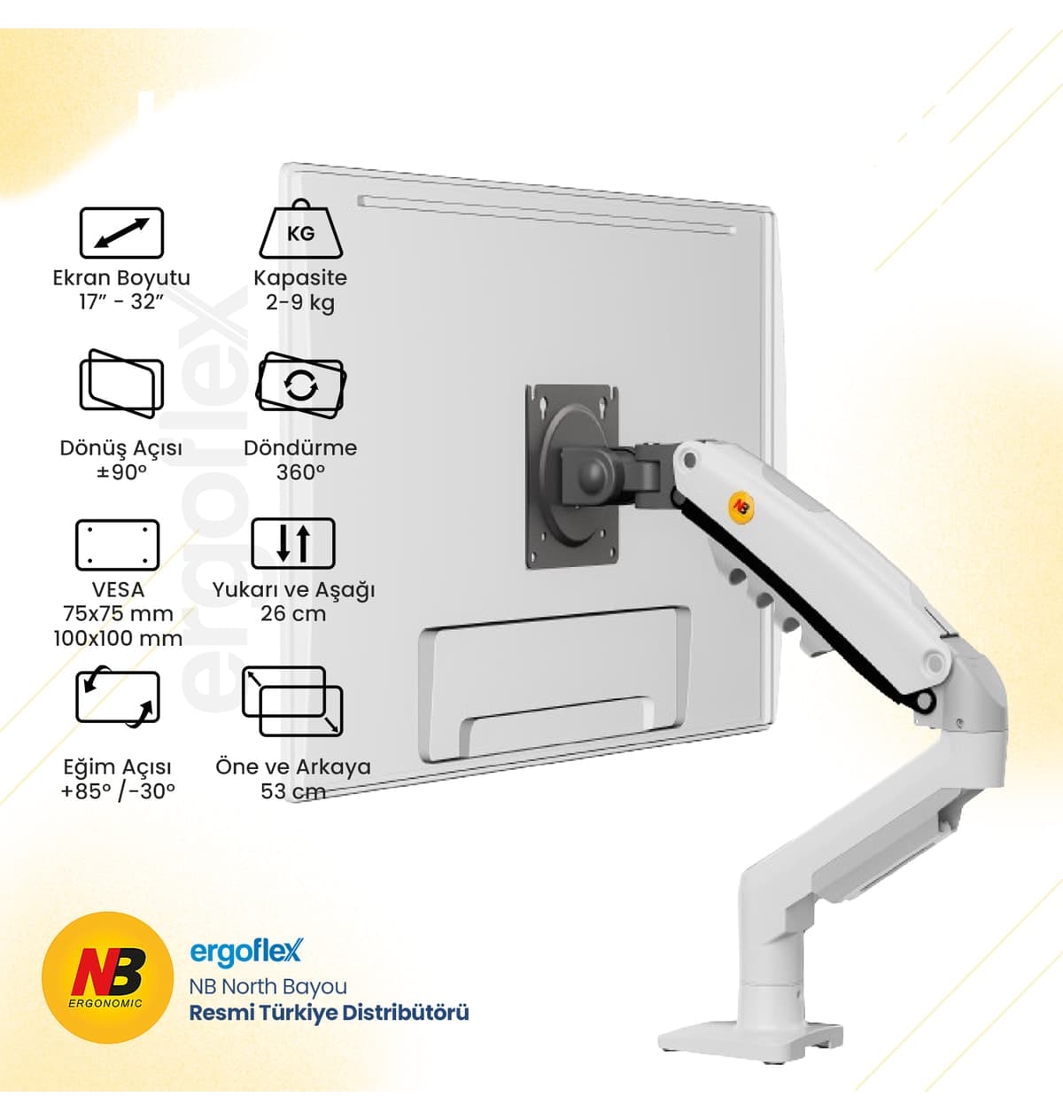 پایه مانیتور Ergoflex NB F80 ارگونومیک سفید با بازوی کمکفنردار مناسب مانیتورهای 17-32inch و 2-9 Kg پایه مانیتور Ergoflex NB F80 ارگونومیک سفید با بازوی کمکفنردار مناسب مانیتورهای 17-32inch و 2-9 Kg