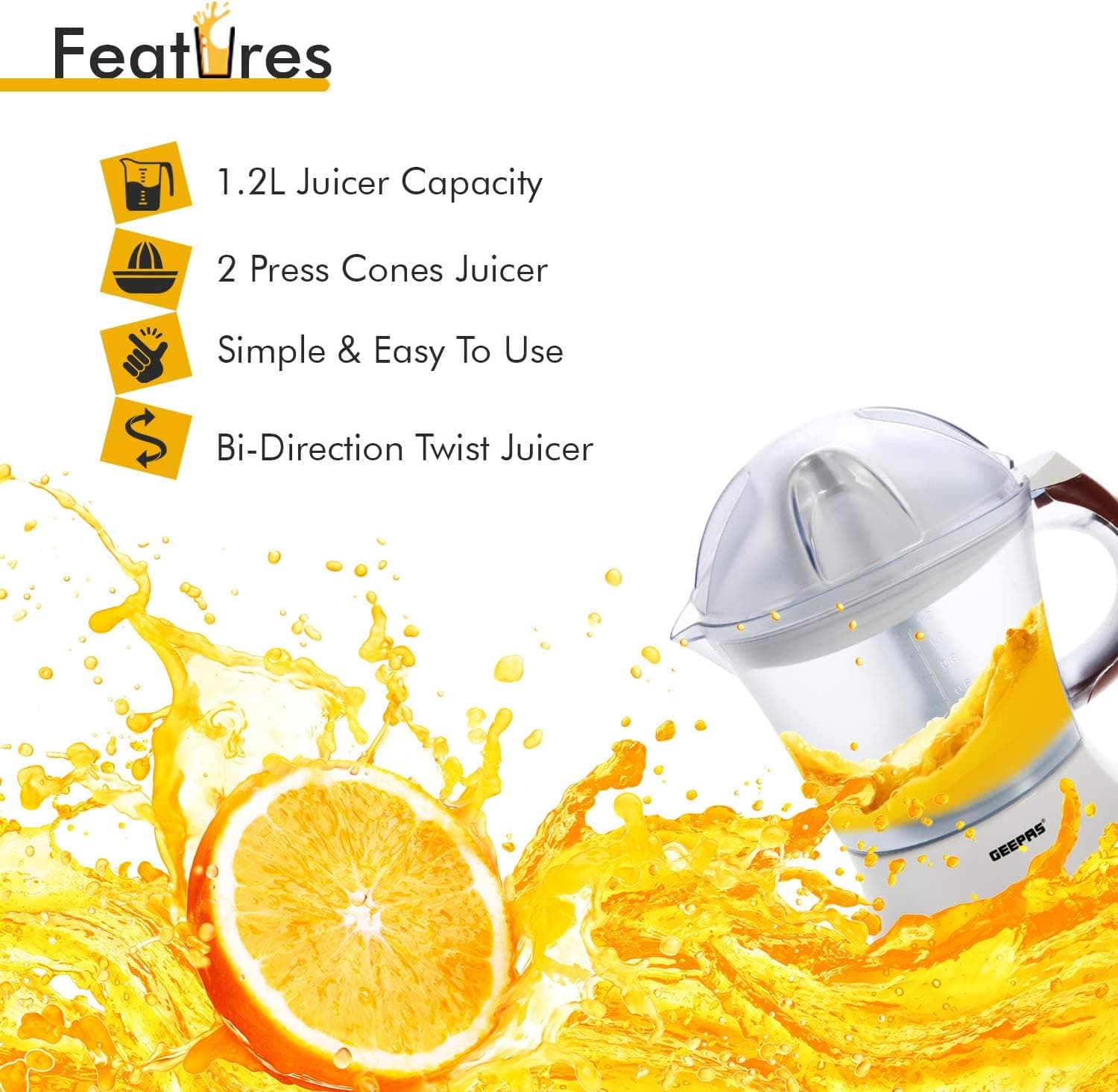آبمیوهگیری مرکبات Geepas 25 Watt با 2 مخروط و ظرفیت 1.2 Liter آبمیوهگیری مرکبات Geepas 25 Watt با 2 مخروط و ظرفیت 1.2 Liter