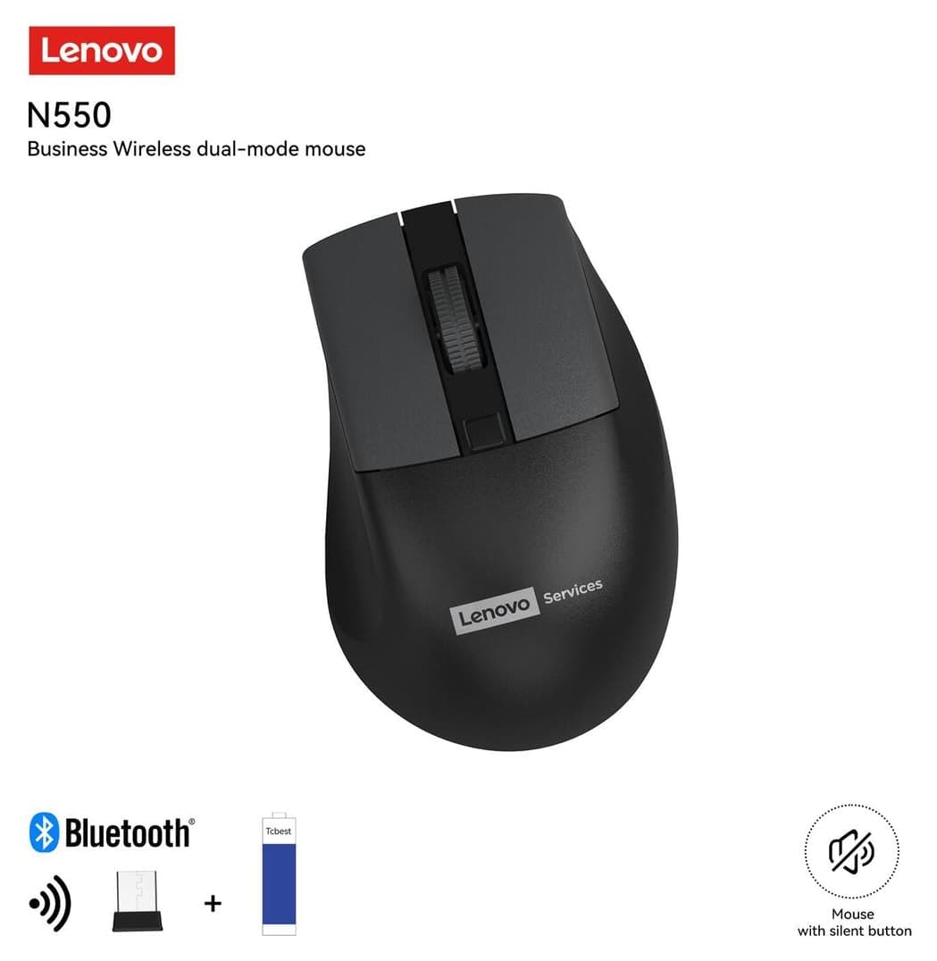 ماوس Lenovo بیسیم دو حالته Bluetooth و 2.4GHz بیصدا مشکی مدل N550 ماوس Lenovo بیسیم دو حالته Bluetooth و 2.4GHz بیصدا مشکی مدل N550
