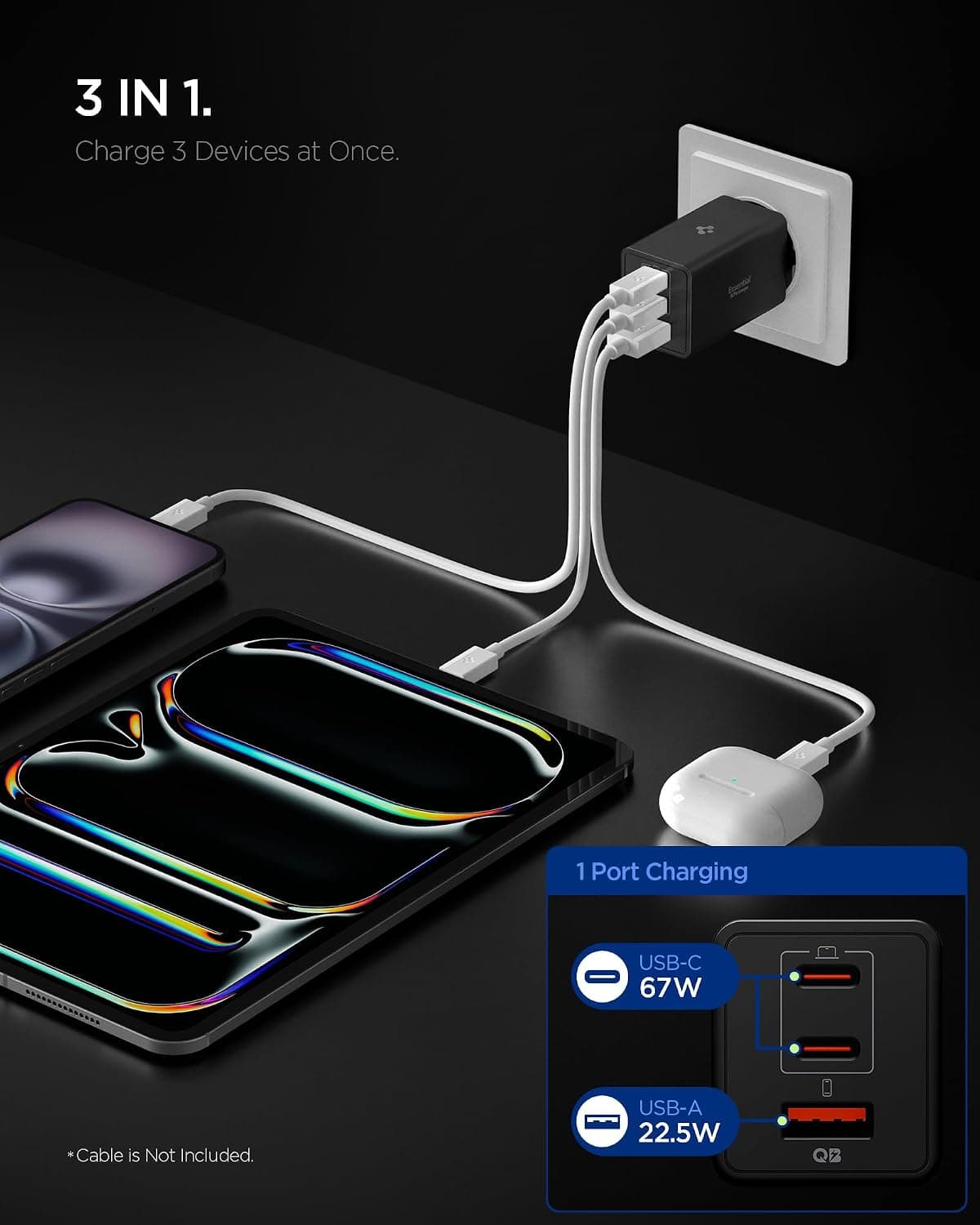 شارژر Spigen 67W با 3 پورت USB-C و USB-A مشکی مدل ACH09458 شارژر Spigen 67W با 3 پورت USB-C و USB-A مشکی مدل ACH09458