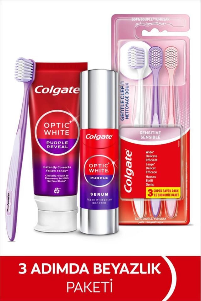 ست سفیدکننده دندان Colgate شامل خمیردندان Optic White Purple 75 ml، سرم Purple 40 ml و مسواک Gentle Clean 2+1 ست سفیدکننده دندان Colgate شامل خمیردندان Optic White Purple 75 ml، سرم Purple 40 ml و مسواک Gentle Clean 2+1