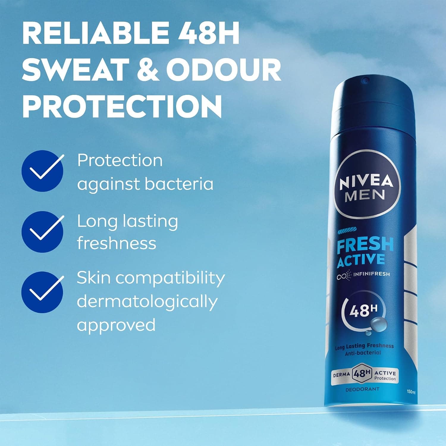 اسپری دئودورانت ضدباکتری مردانه NIVEA Fresh Active با محافظت 48H بسته دوتایی 2x150ml اسپری دئودورانت ضدباکتری مردانه NIVEA Fresh Active با محافظت 48H بسته دوتایی 2x150ml